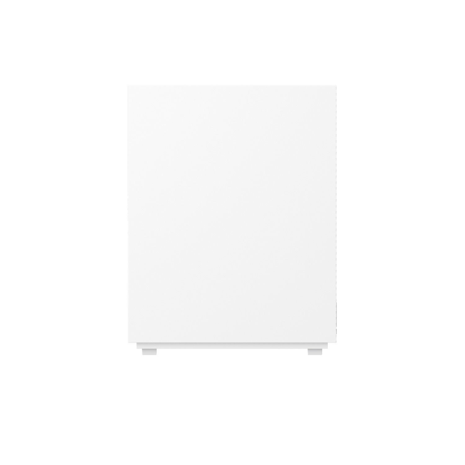 A white, rectangular cabinet is centered against a black background. It has a base with small feet.