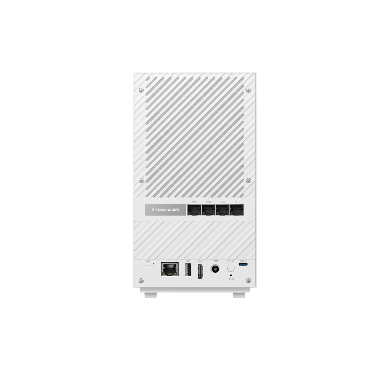 A white router with diagonal lines on the front. It has several ports and labeled with 'AI-Expandable'.