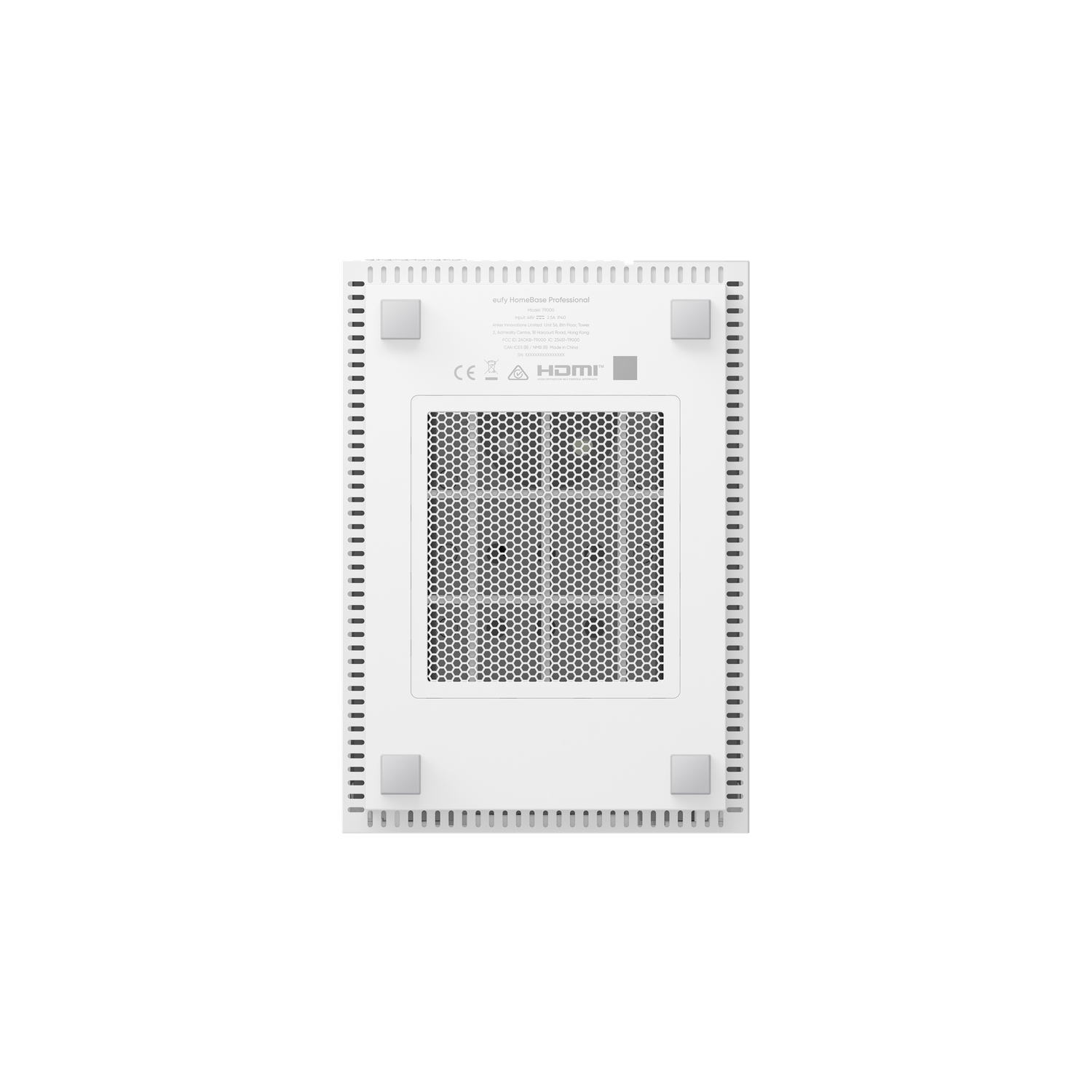 White Eufy HomeBase Professional, bottom view. It has a grid vent, four feet, and regulatory symbols. Black background.