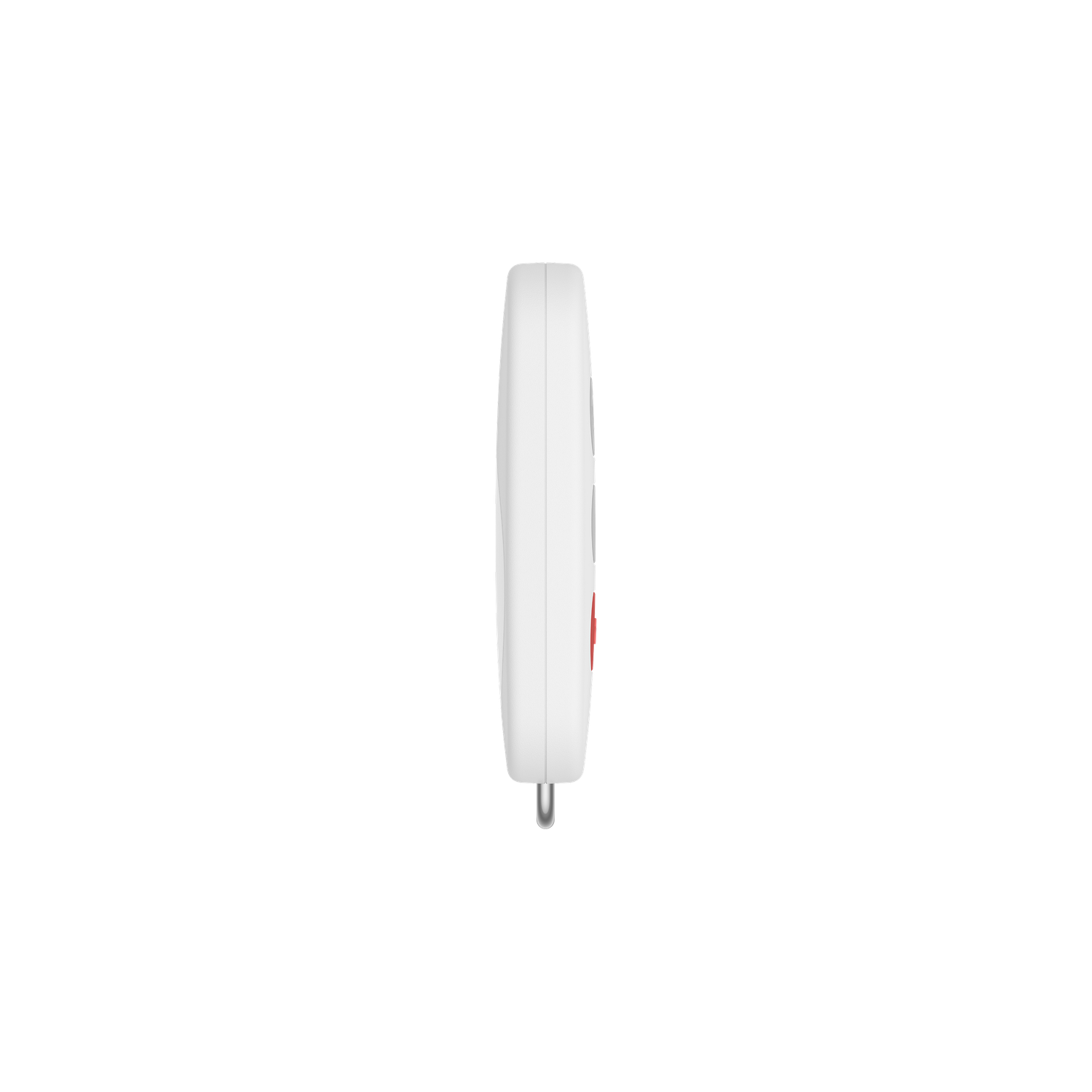 A white, slim device is shown vertically against a black background. A small, red button is visible on the device.