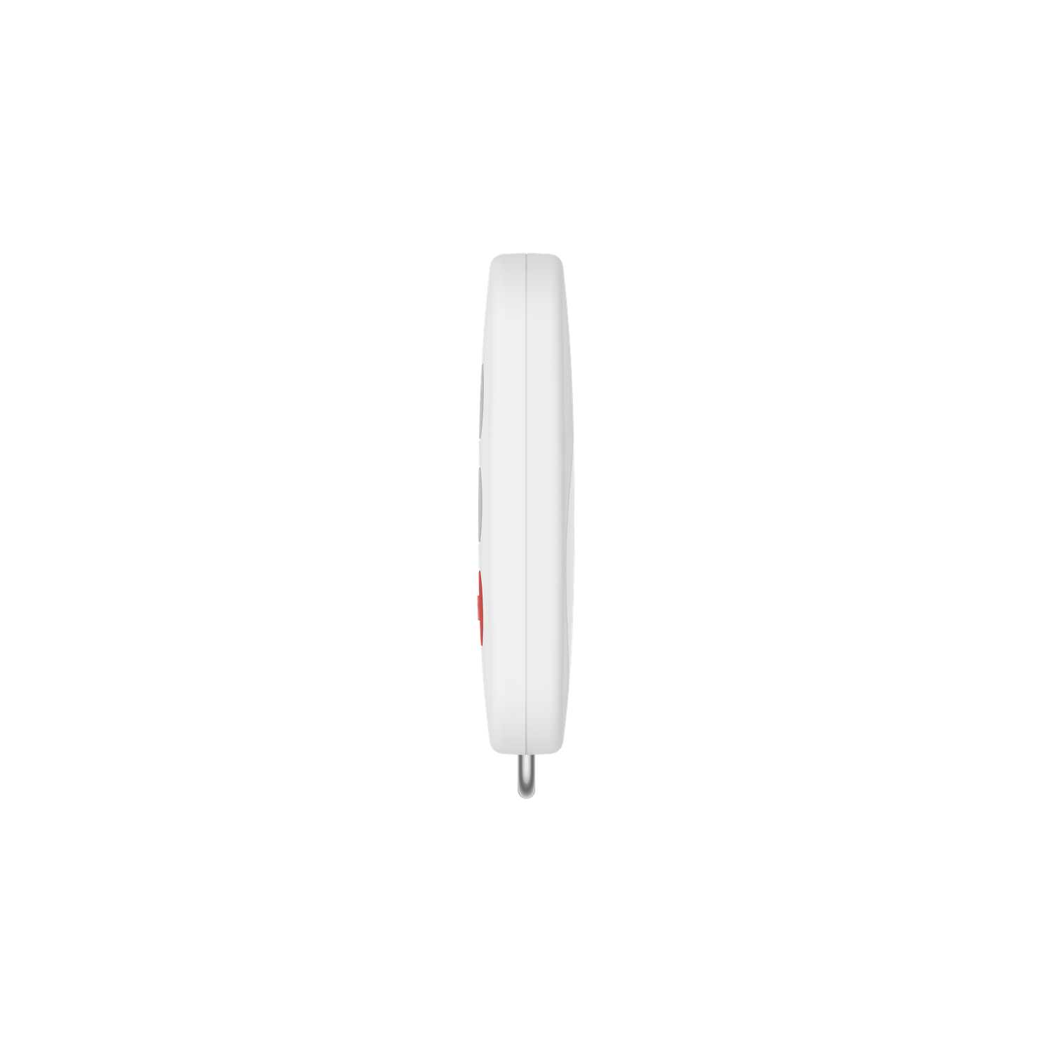 A white rectangular device is vertically positioned against a black background. A small red button is visible on the side.