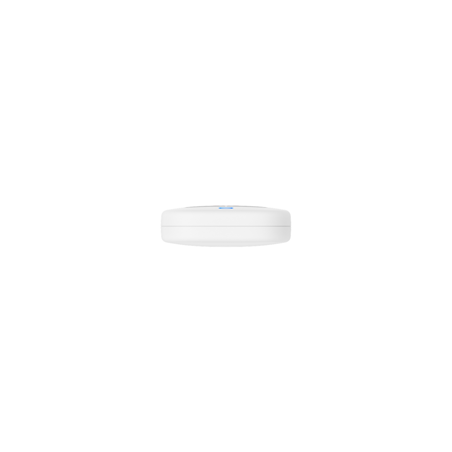 A white, circular device with a blue light on top, set against a black background. It appears to be a network device.