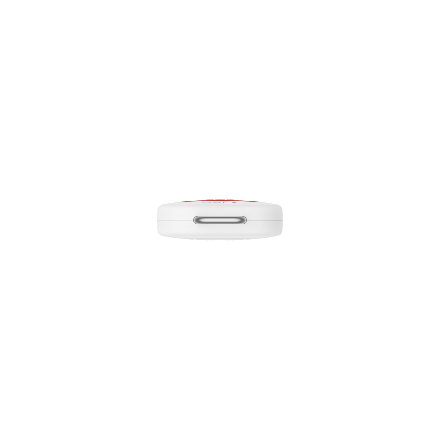 A white, circular device with a red top and a silver handle, set against a black background.