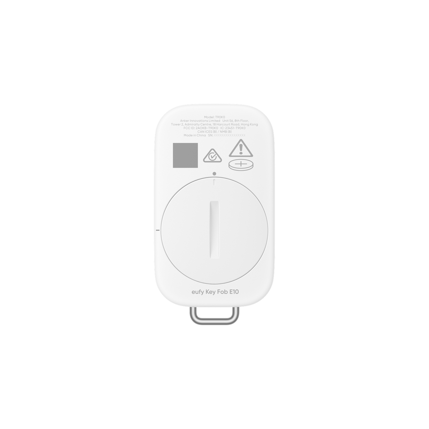 A white Eufy Key Fob E10 on a black background. It has a round button and a loop. Text is printed on it.