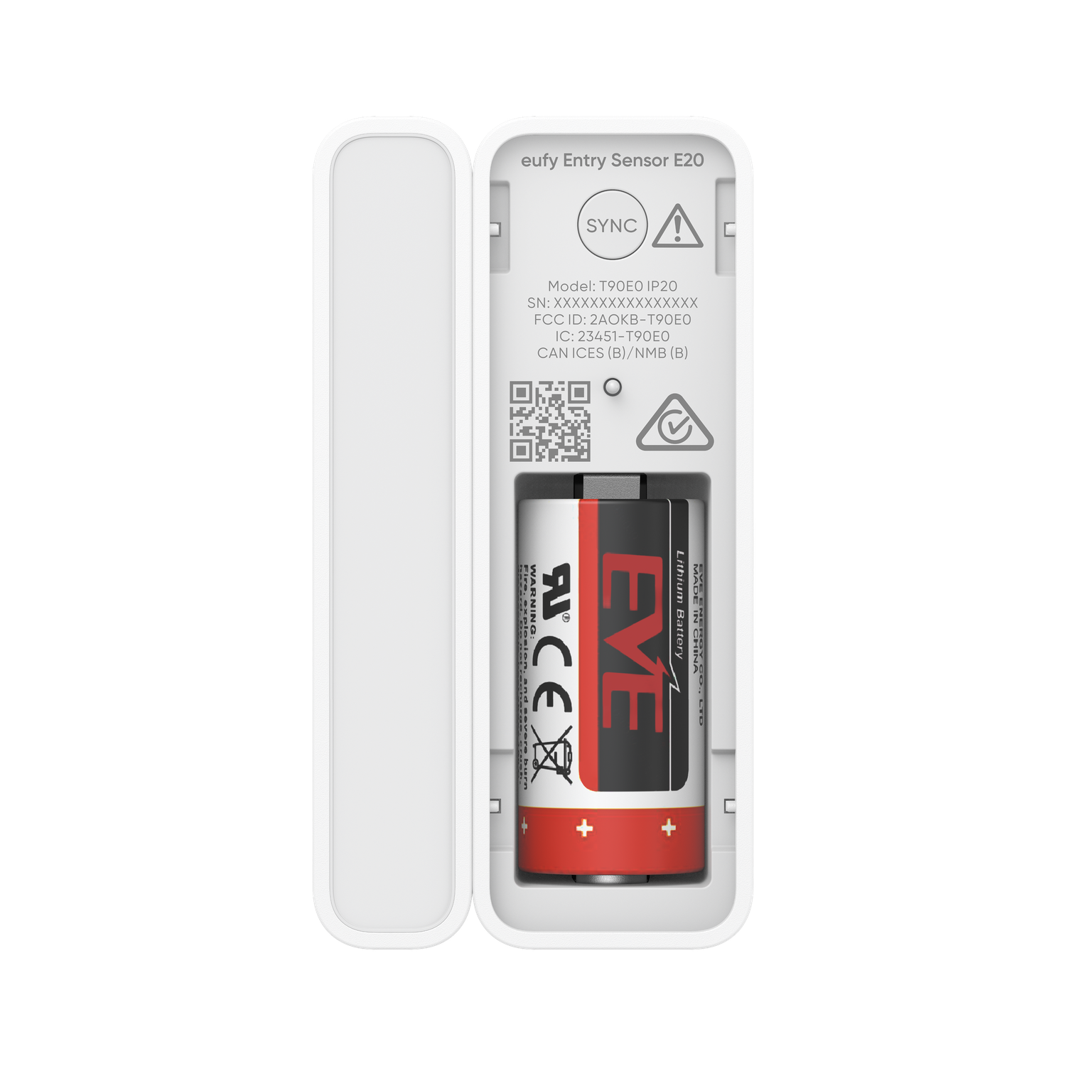 Eufy Entry Sensor E20 met een open compartiment. Binnenin een cilindrische EVE lithium batterij en productinfo.