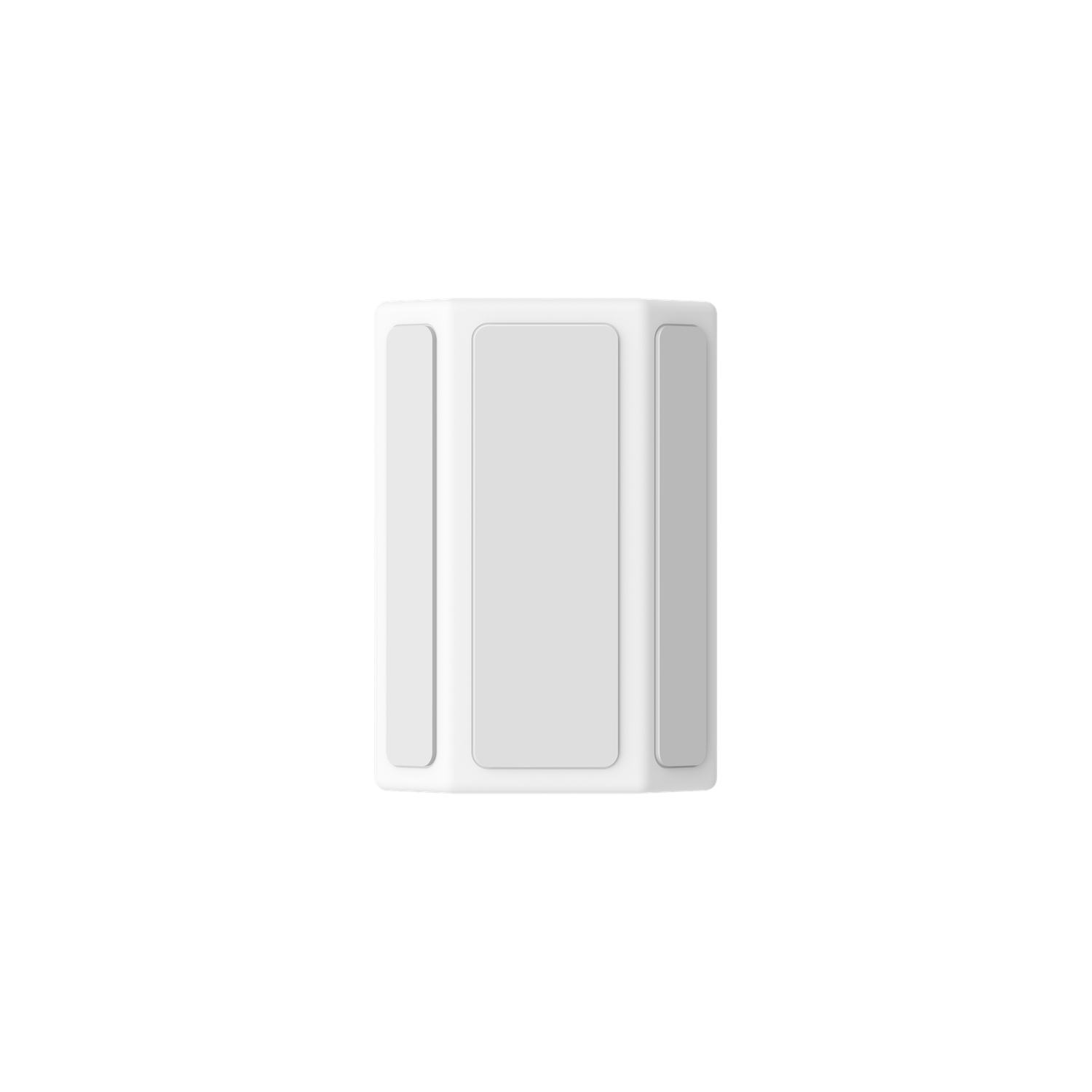 Een wit rechthoekig object met drie verticale lichtgrijze panelen is gecentreerd tegen een zwarte achtergrond.