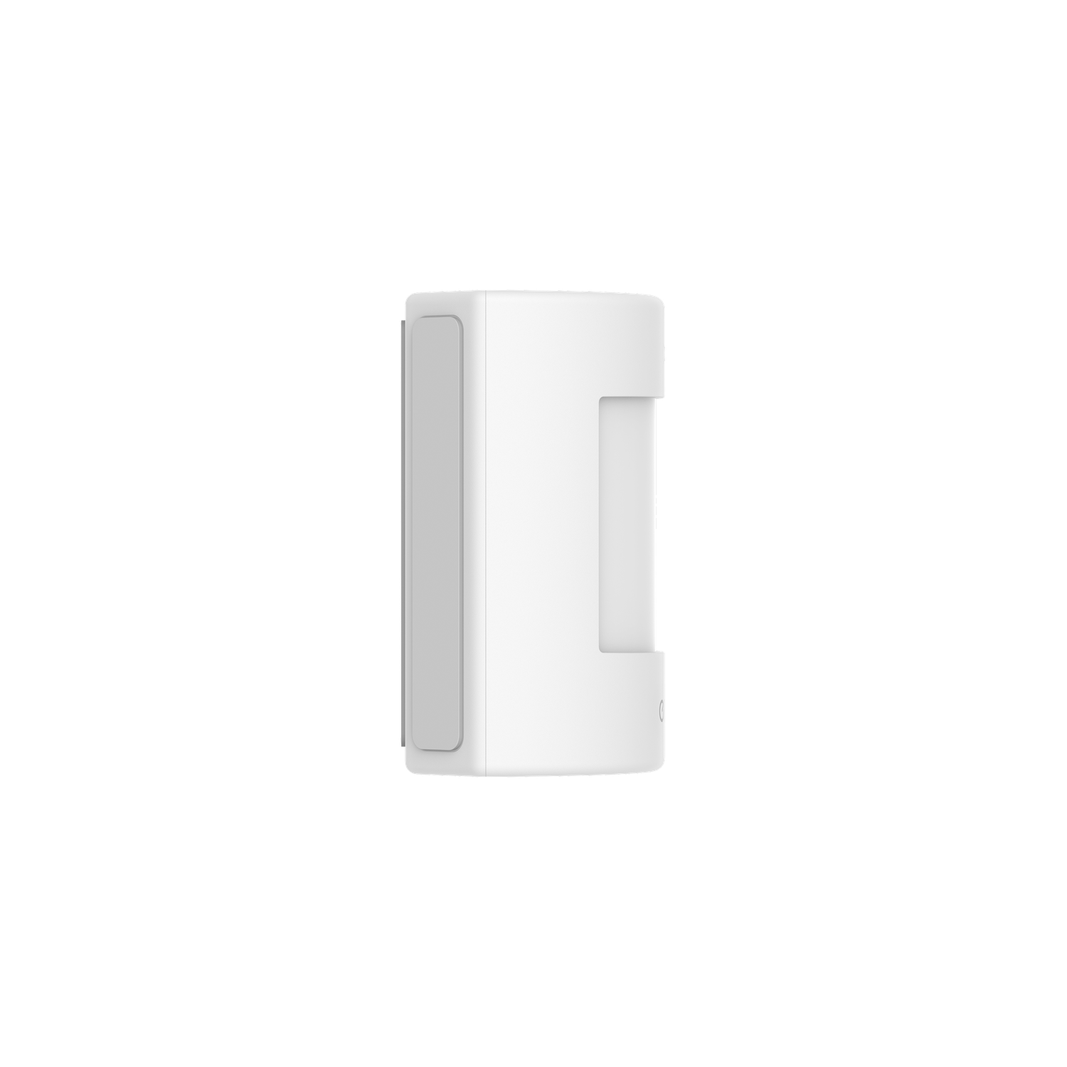 Een witte bewegingssensor op een zwarte achtergrond. De sensor is rechthoekig met een grijs paneel.