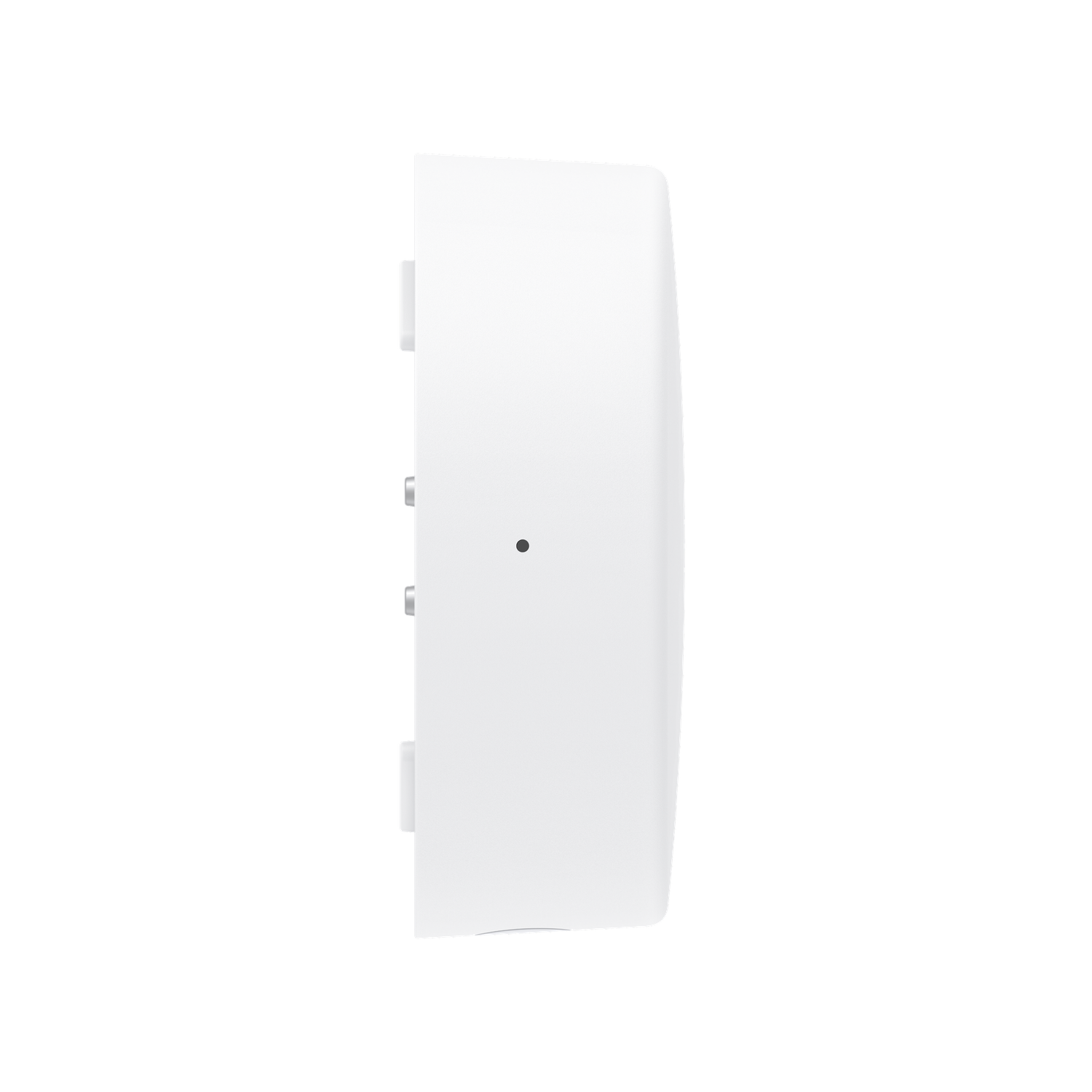 A white rectangular device, possibly a wall-mounted access point, against a black background. It has a small, dark dot and mounting features.
