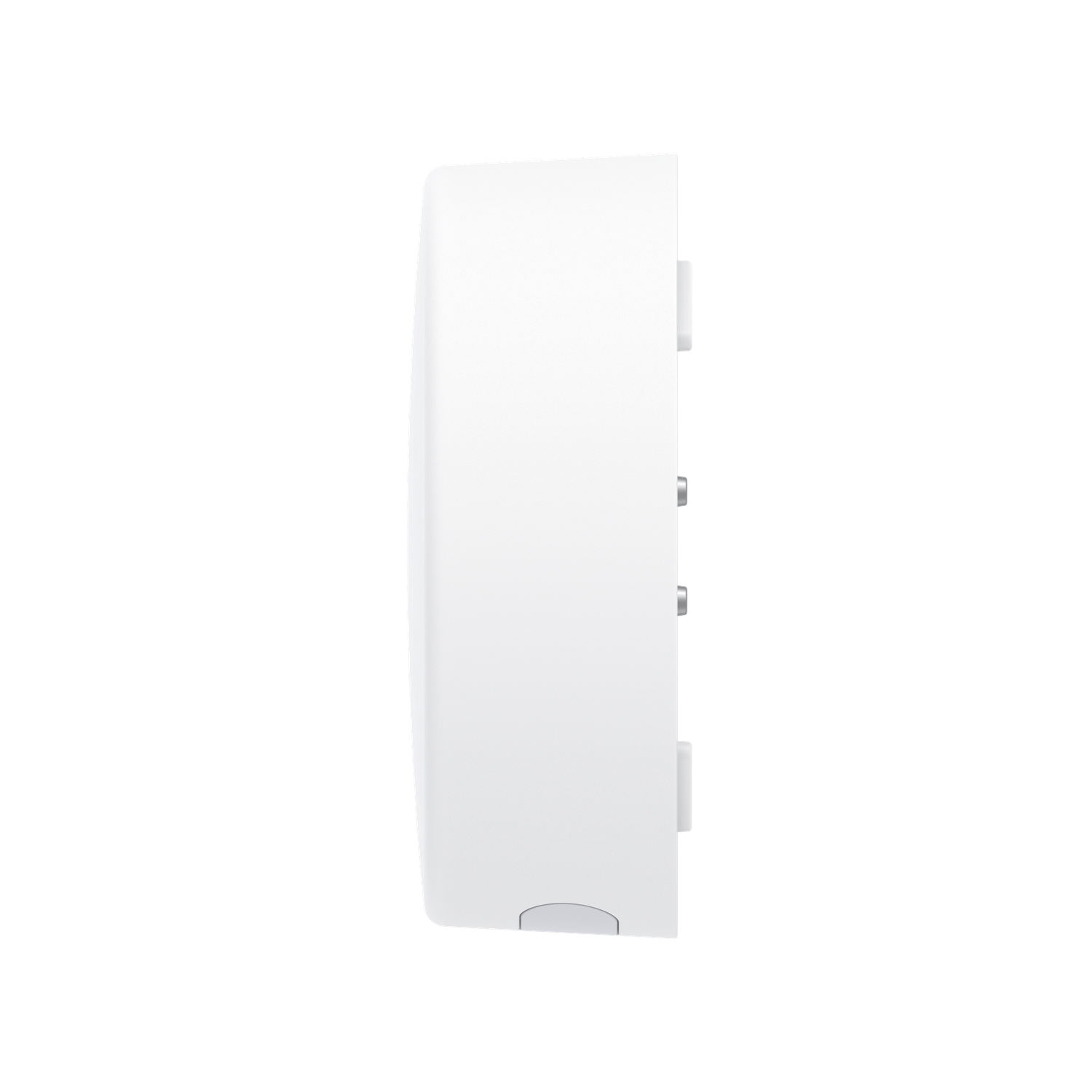 A white rectangular device with rounded edges and three small silver buttons on the side is displayed against a black background.
