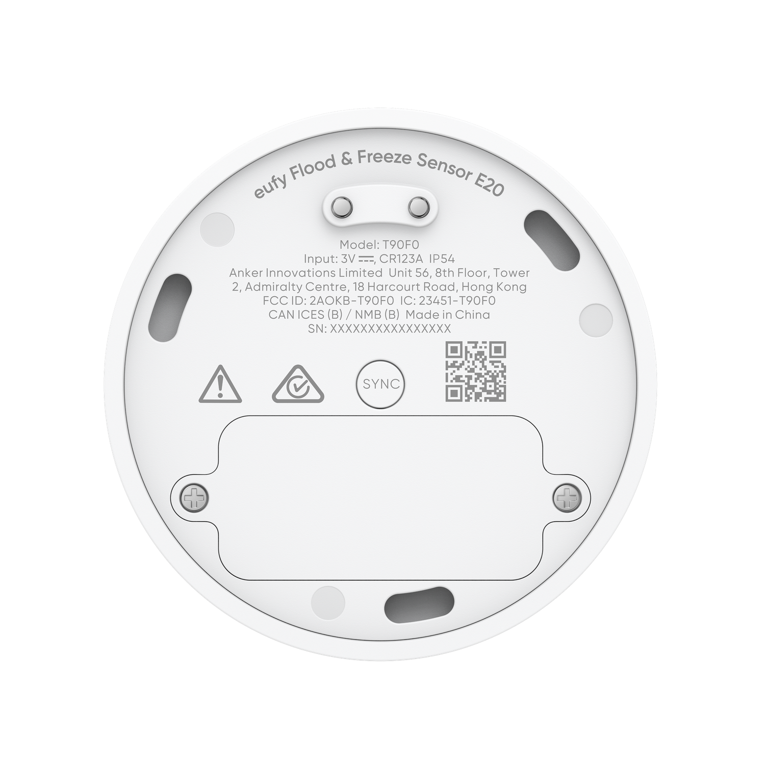 A white circular eufy Flood & Freeze Sensor E20. It has a model number, input information, and a QR code. The sensor has a sync button.