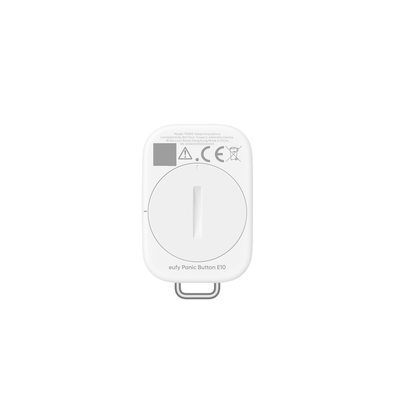 A white eufy Panic Button E10 on a black background. It has a button and a metal loop. Text and logos are visible on it.