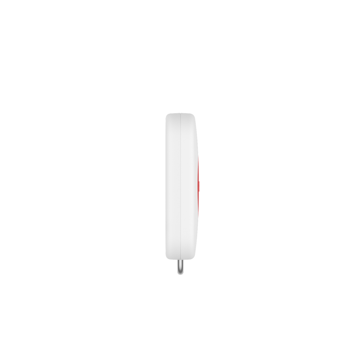 A white electronic device with a red button and a metal loop at the bottom, set against a black background.