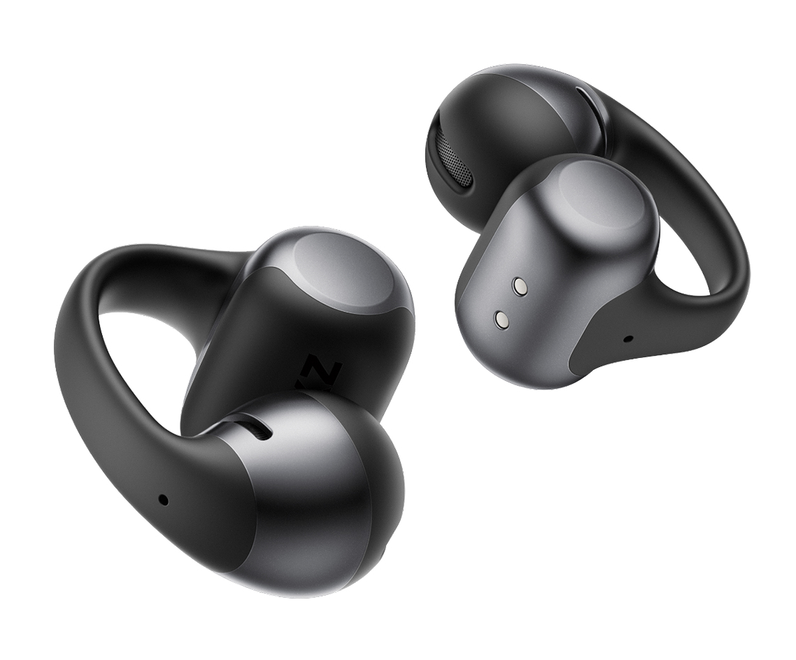Dwa bezprzewodowe słuchawki, czarne z szarymi akcentami, na białym tle. Słuchawki mają pętlę.
