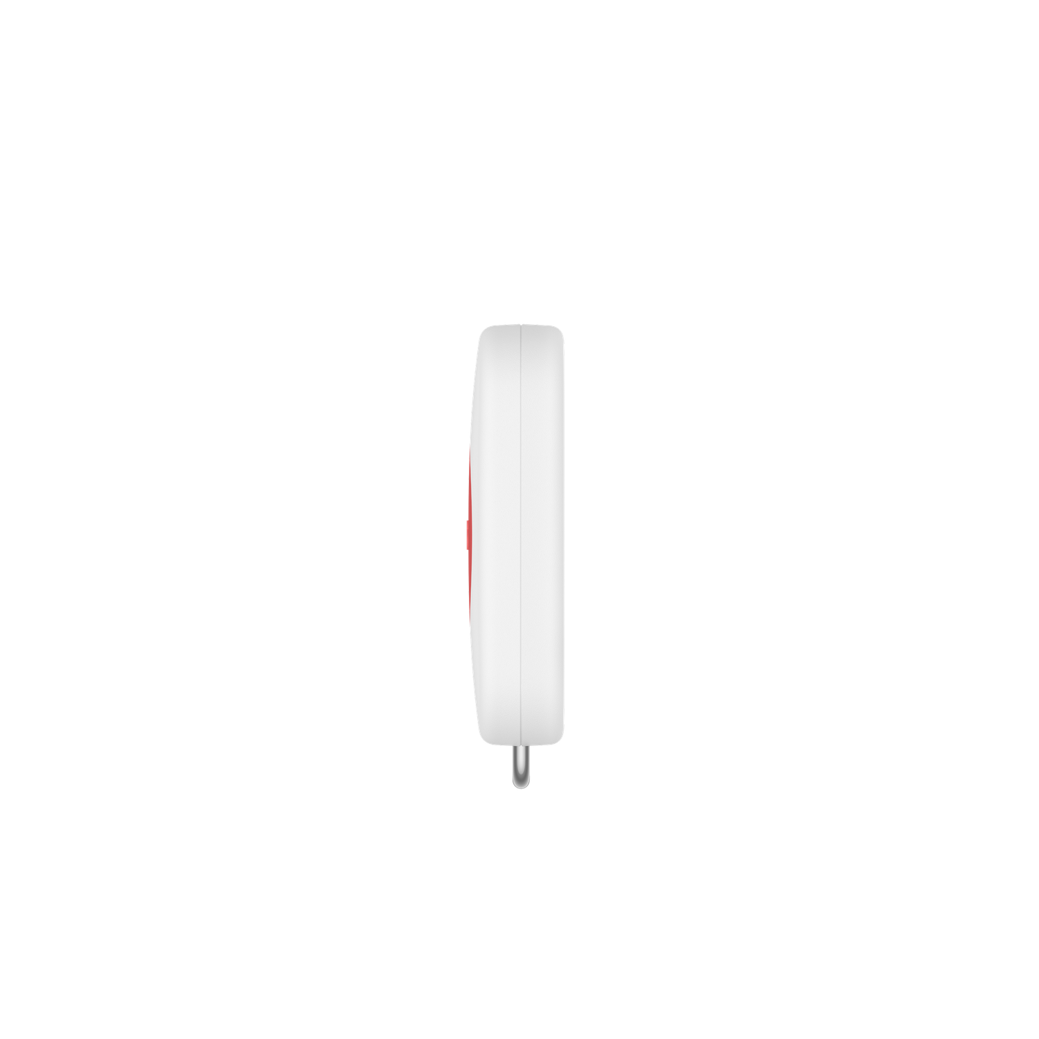 A small white device with a red stripe and a metal pin at the bottom, set against a black background.