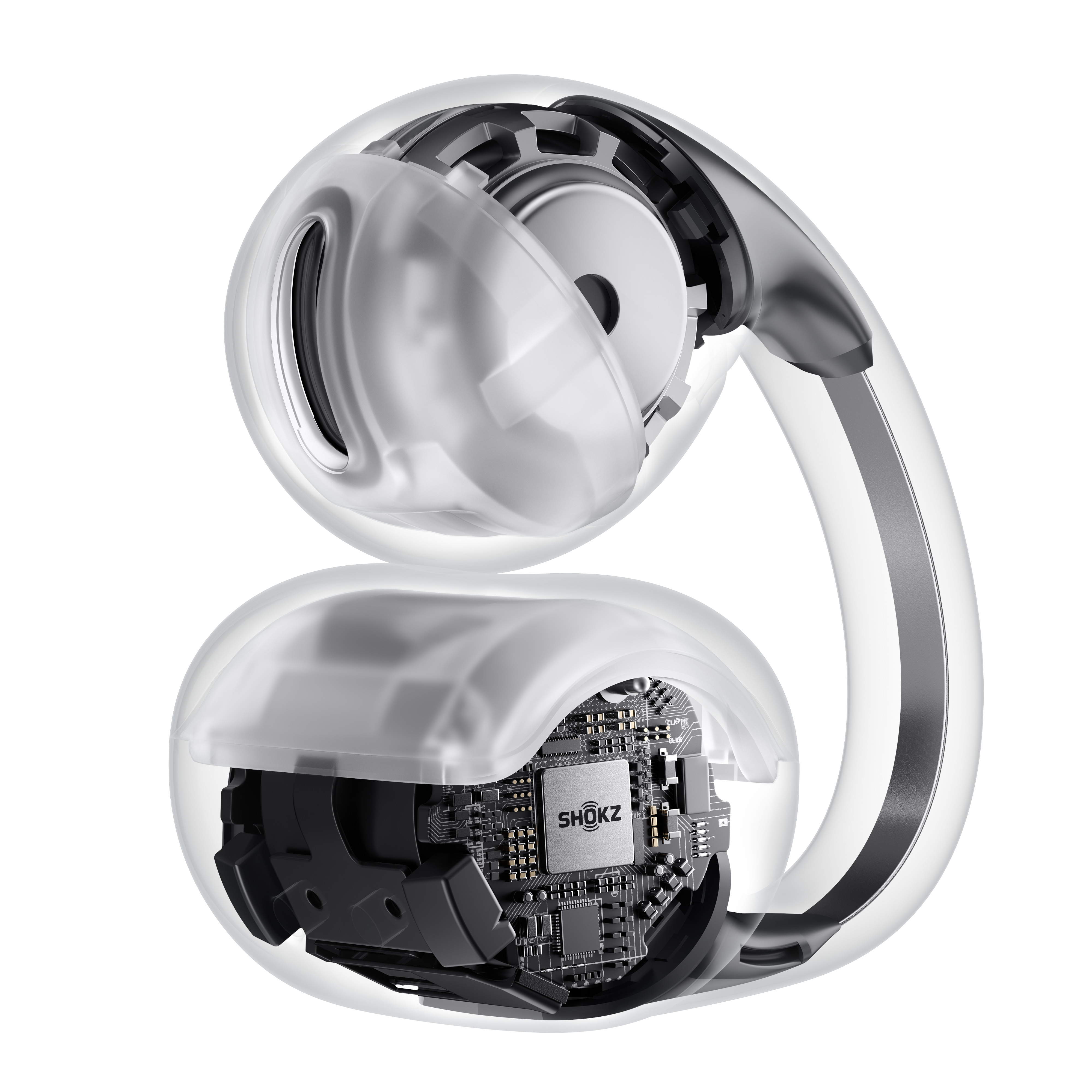 Widok przekrojowy słuchawek Shokz, pokazujący elementy wewnętrzne. Projekt obejmuje przezroczysty plastik, metal i obwody elektroniczne.