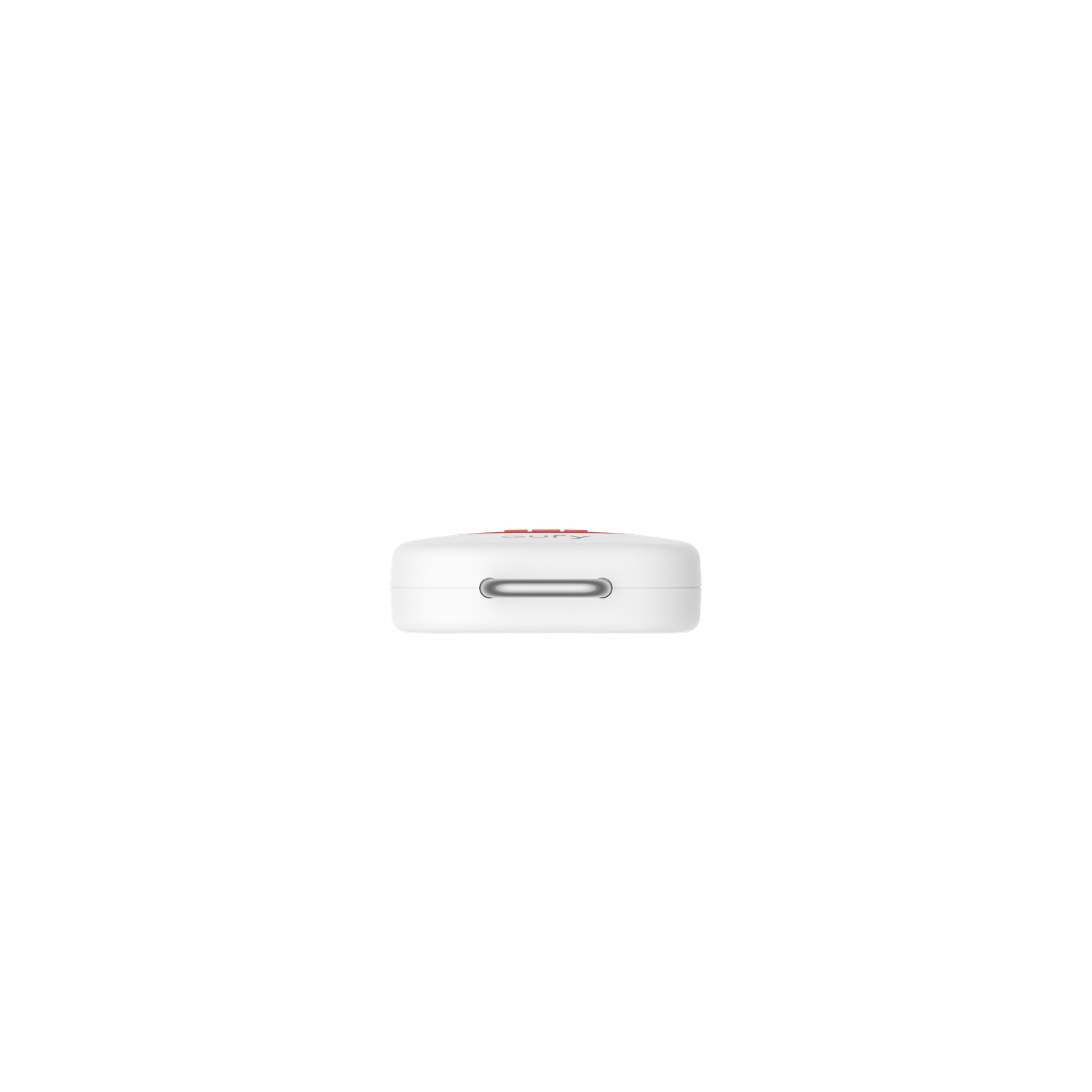 A white device with a red top. A silver loop is on the front. The background is solid black.