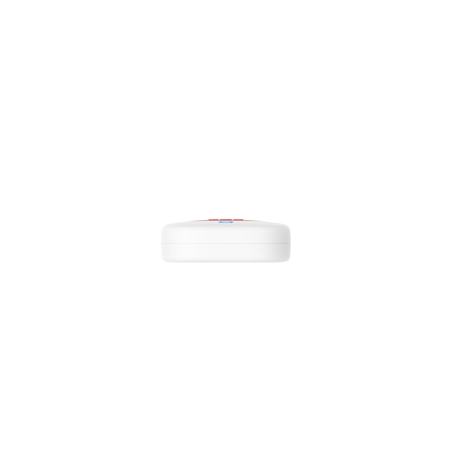 A white, circular device with a red and blue top is centered against a black background. The device is viewed from the side.
