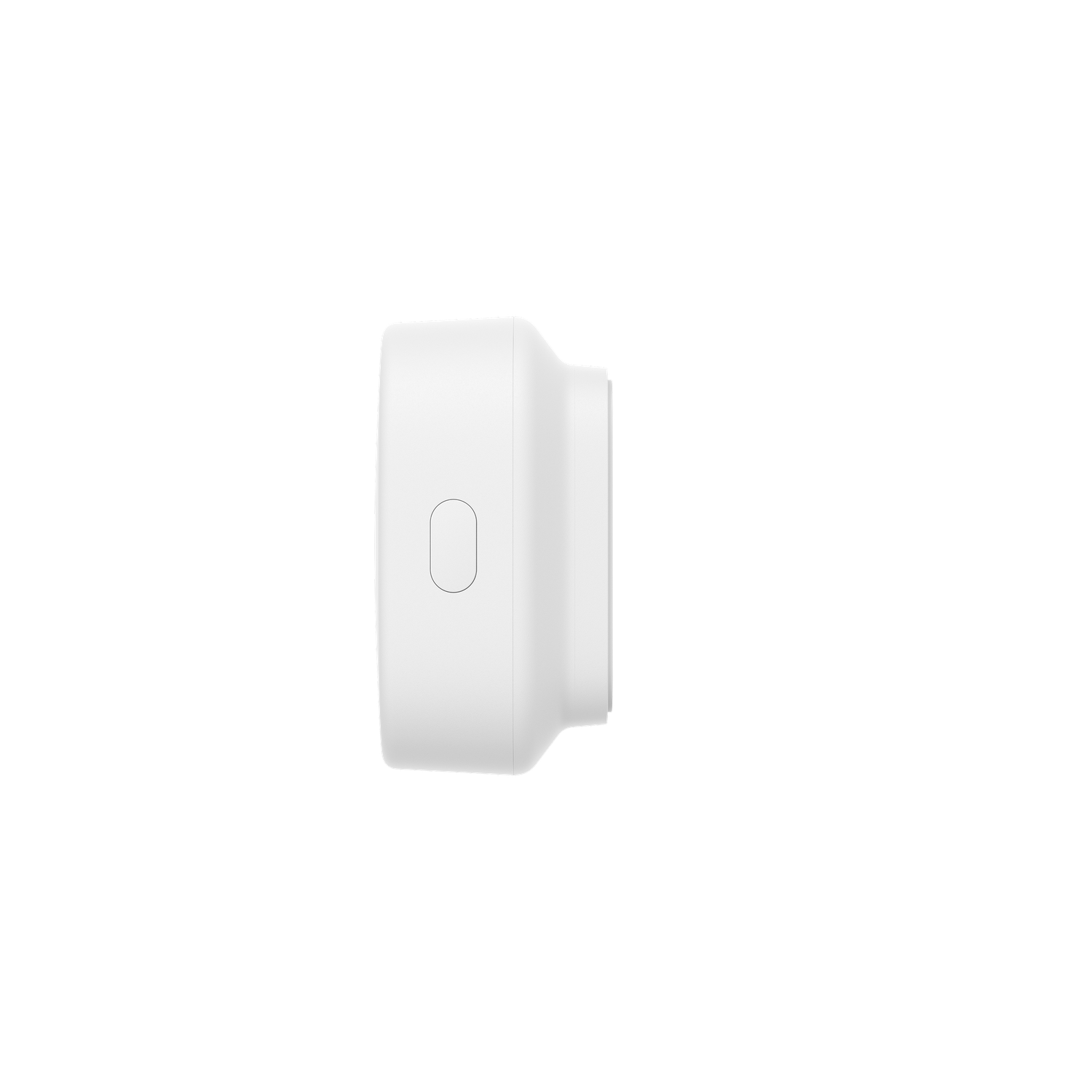 A white, rectangular device with a rounded corner and a button. It's seen from the side against a black background.