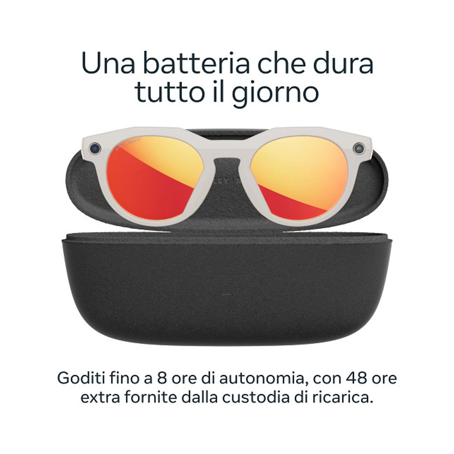 Occhiali da sole bianchi con lenti arancioni in una custodia nera aperta. Il testo sopra dice: 'Una batteria che dura tutto il giorno'.