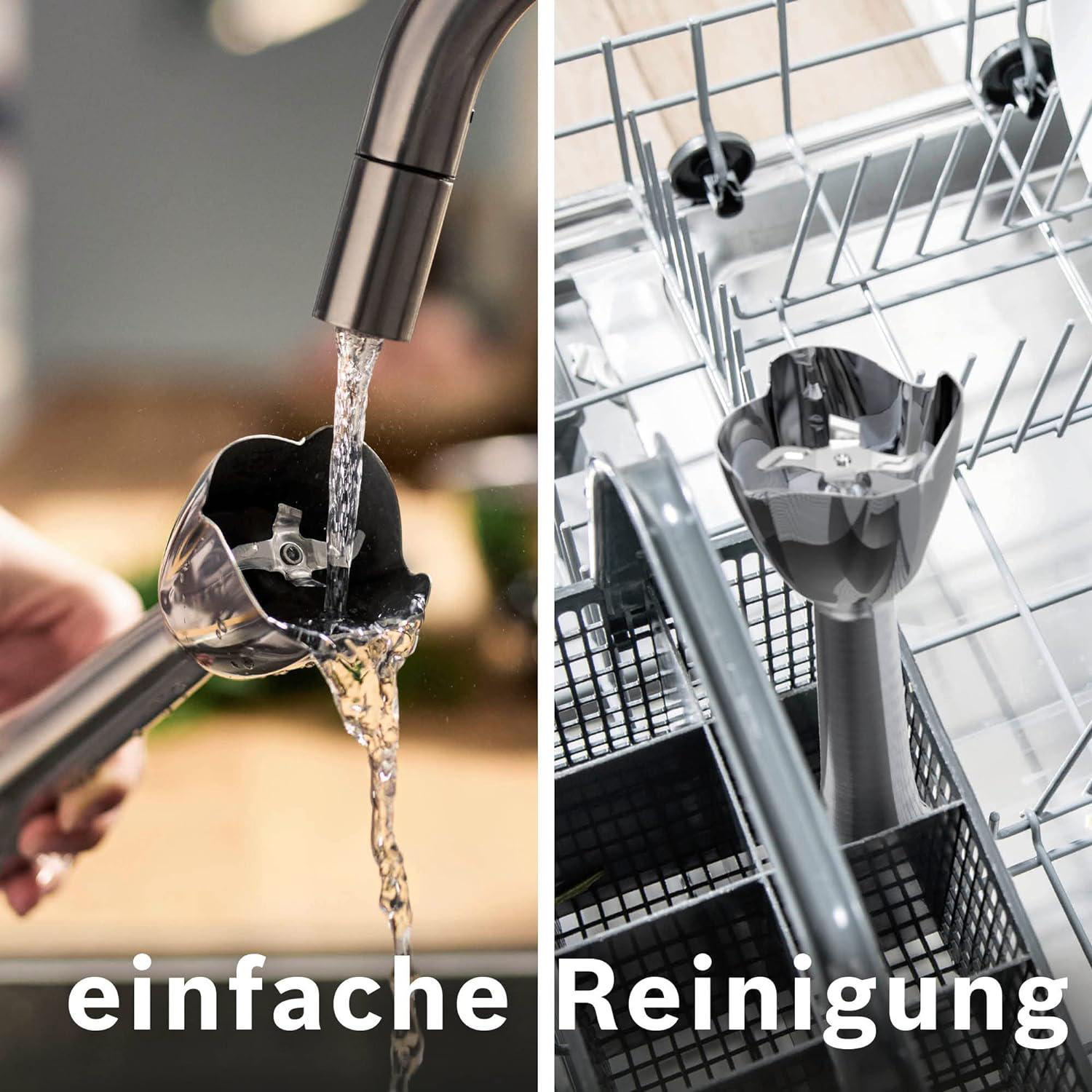 Ein Stabmixer wird unter fließendem Wasser gereinigt, ein anderer befindet sich im Geschirrspüler. Text lautet 'einfache Reinigung'.