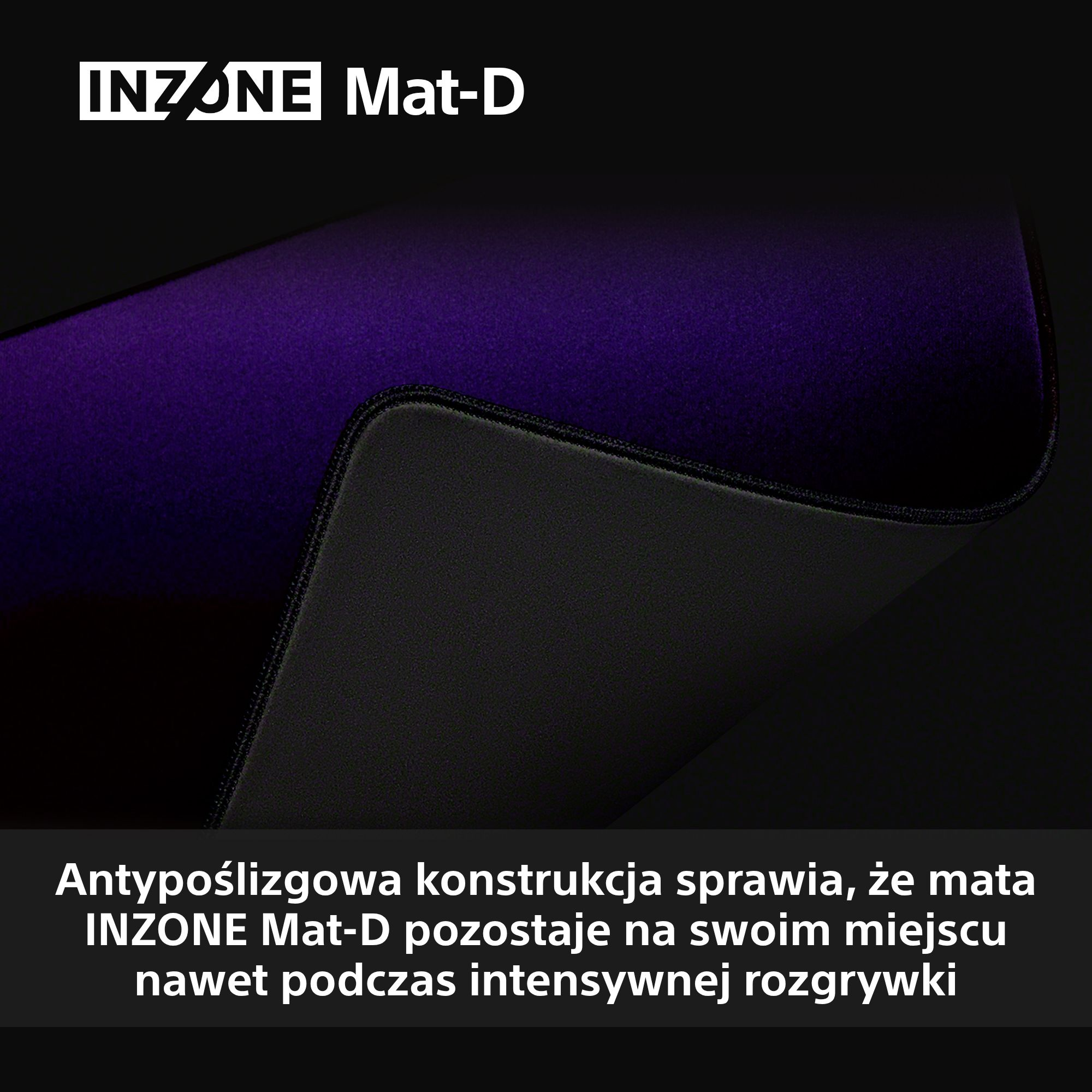 Czarna i fioletowa podkładka pod mysz do gier z logo INZONE. Tekst wskazuje na jej funkcję antypoślizgową.