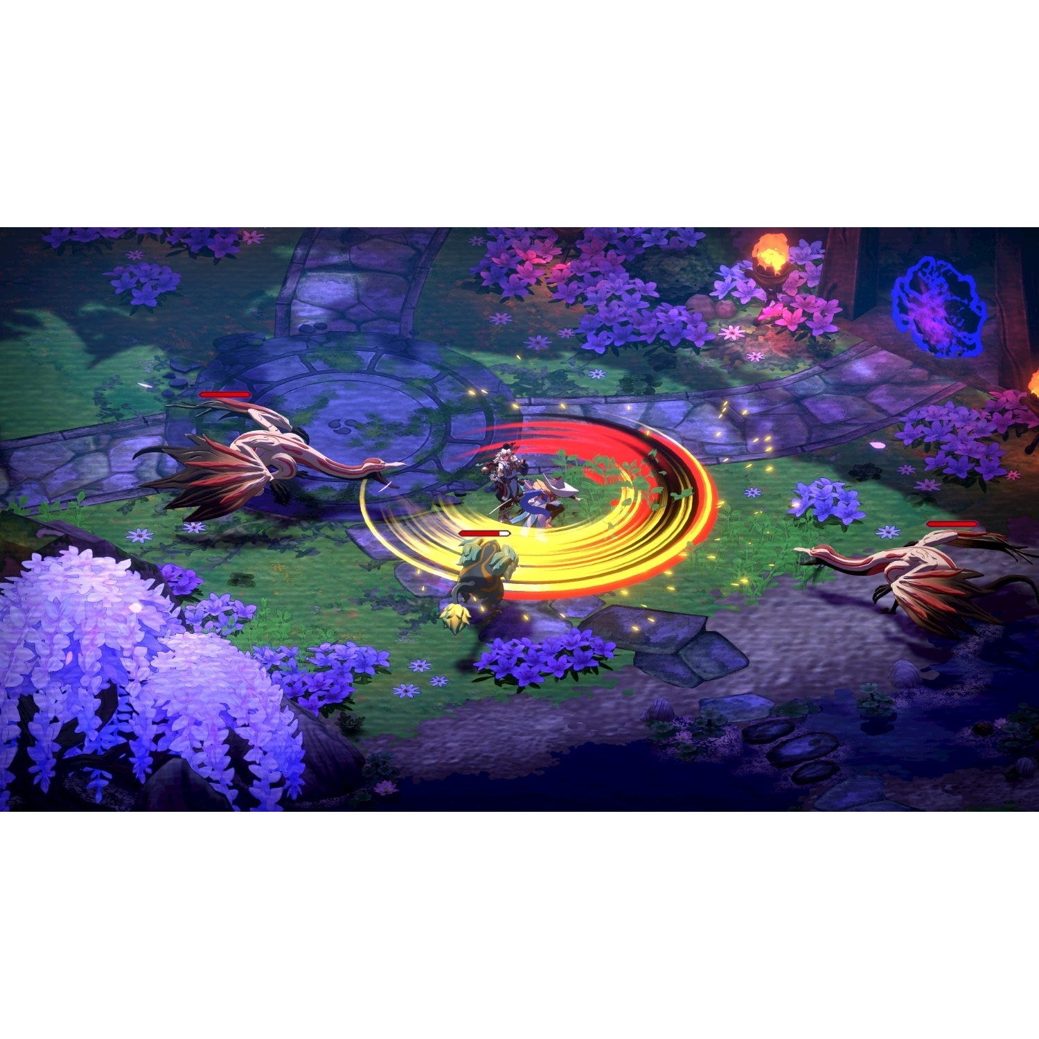 Una scena fantasy mostra personaggi che combattono. Due creature simili ad uccelli e un personaggio al centro con un effetto di attacco circolare. Fiori viola.