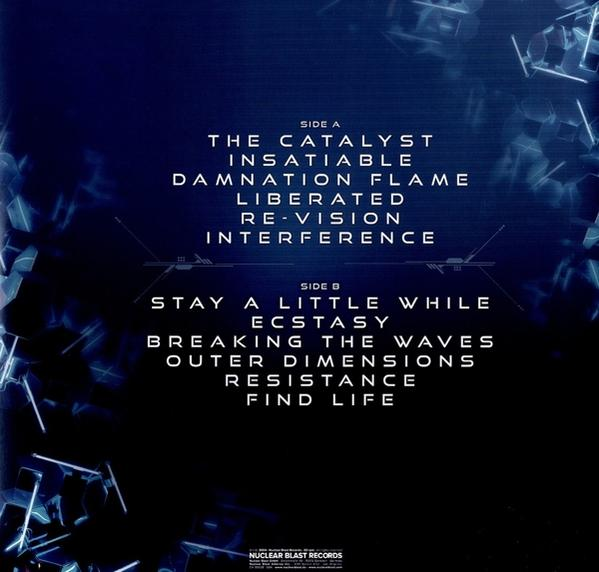 Album-Rückseite mit Titeln. Seite A: The Catalyst, Insatiable, Damnation Flame, Liberated, Re-Vision, Interference. Seite B: Stay a Little While...