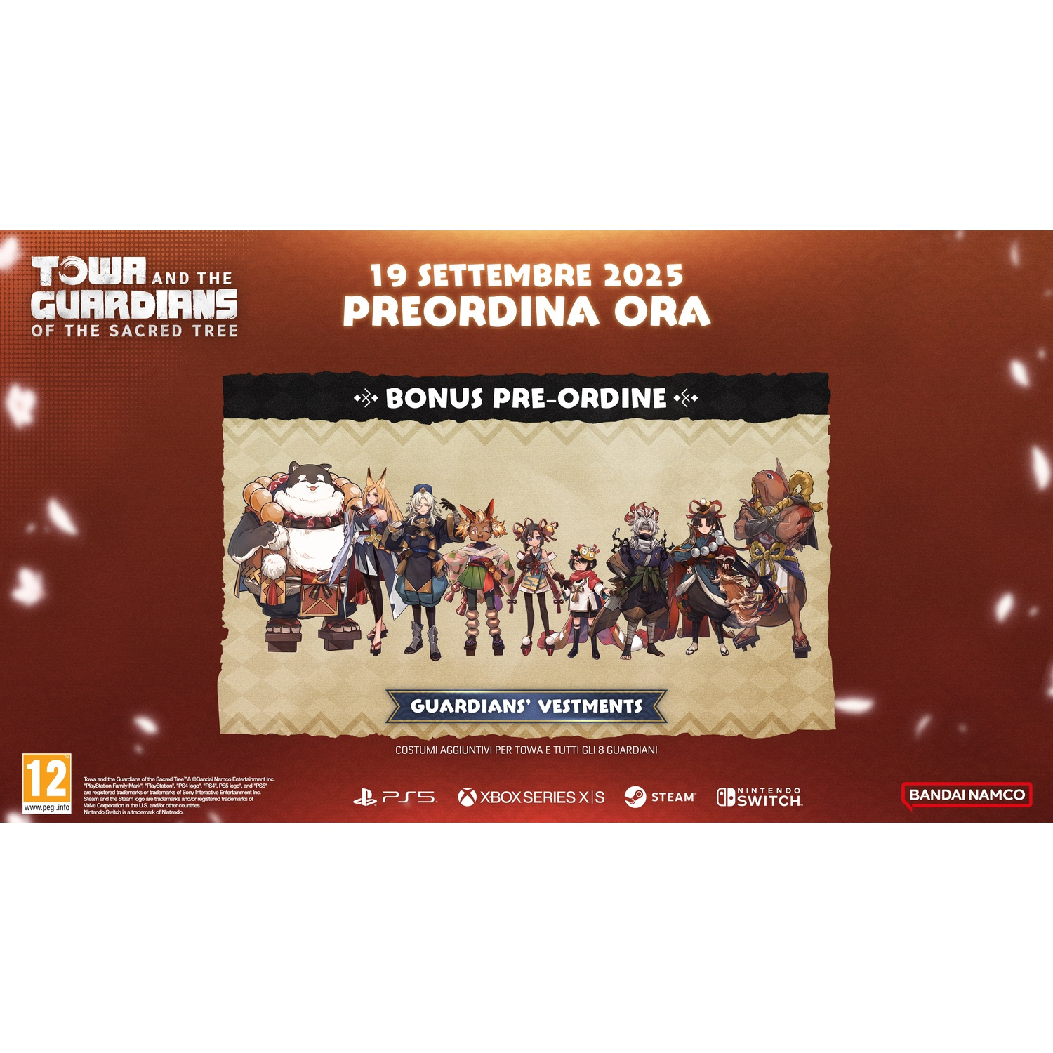 Immagine promozionale per 'Towa and the Guardians'. Mostra personaggi, data di uscita e loghi delle piattaforme, tra cui PS5, Xbox, Steam e Nintendo Switch.