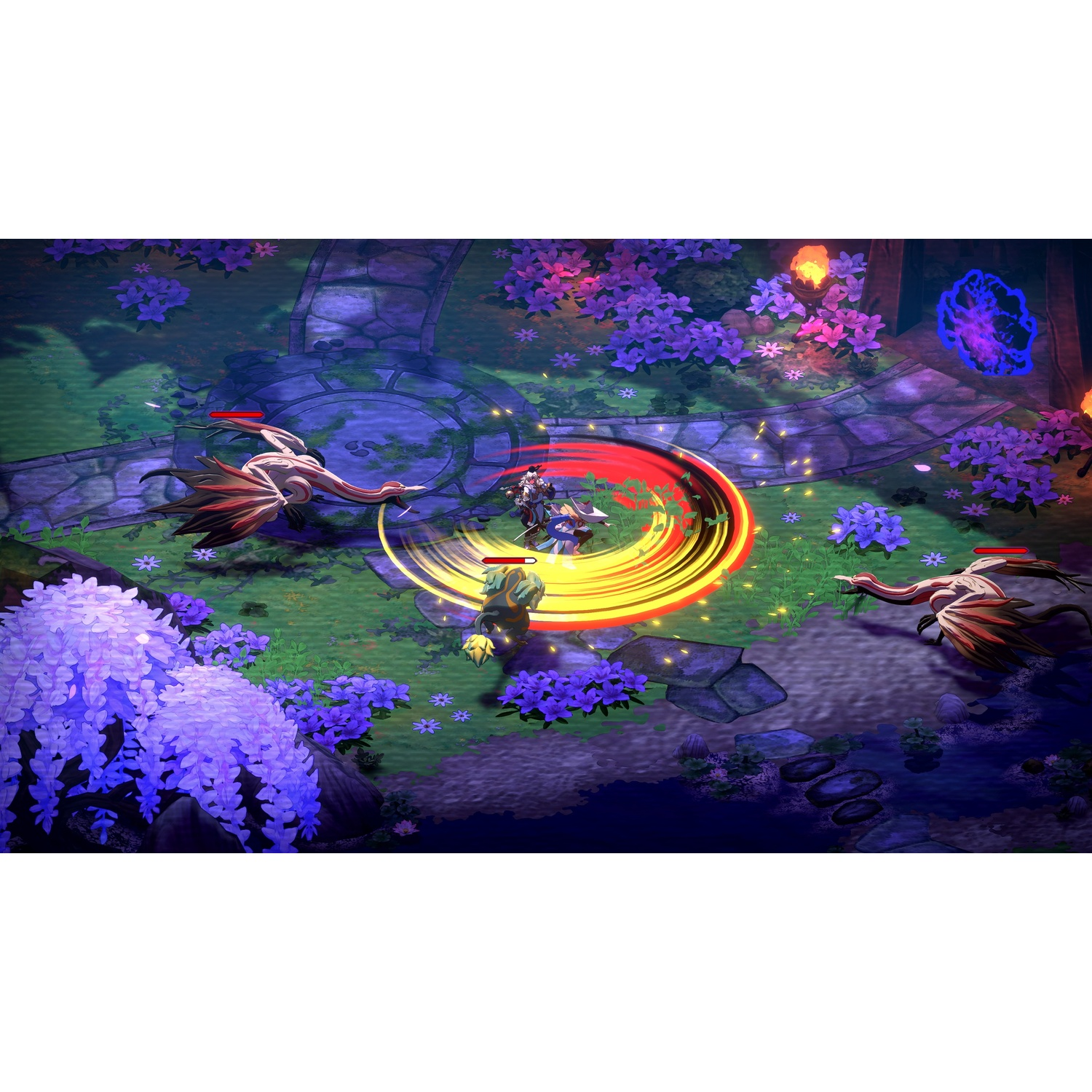 Una scena fantasy con personaggi, draghi ed effetti magici. I personaggi combattono in un giardino con fiori viola e pietre.