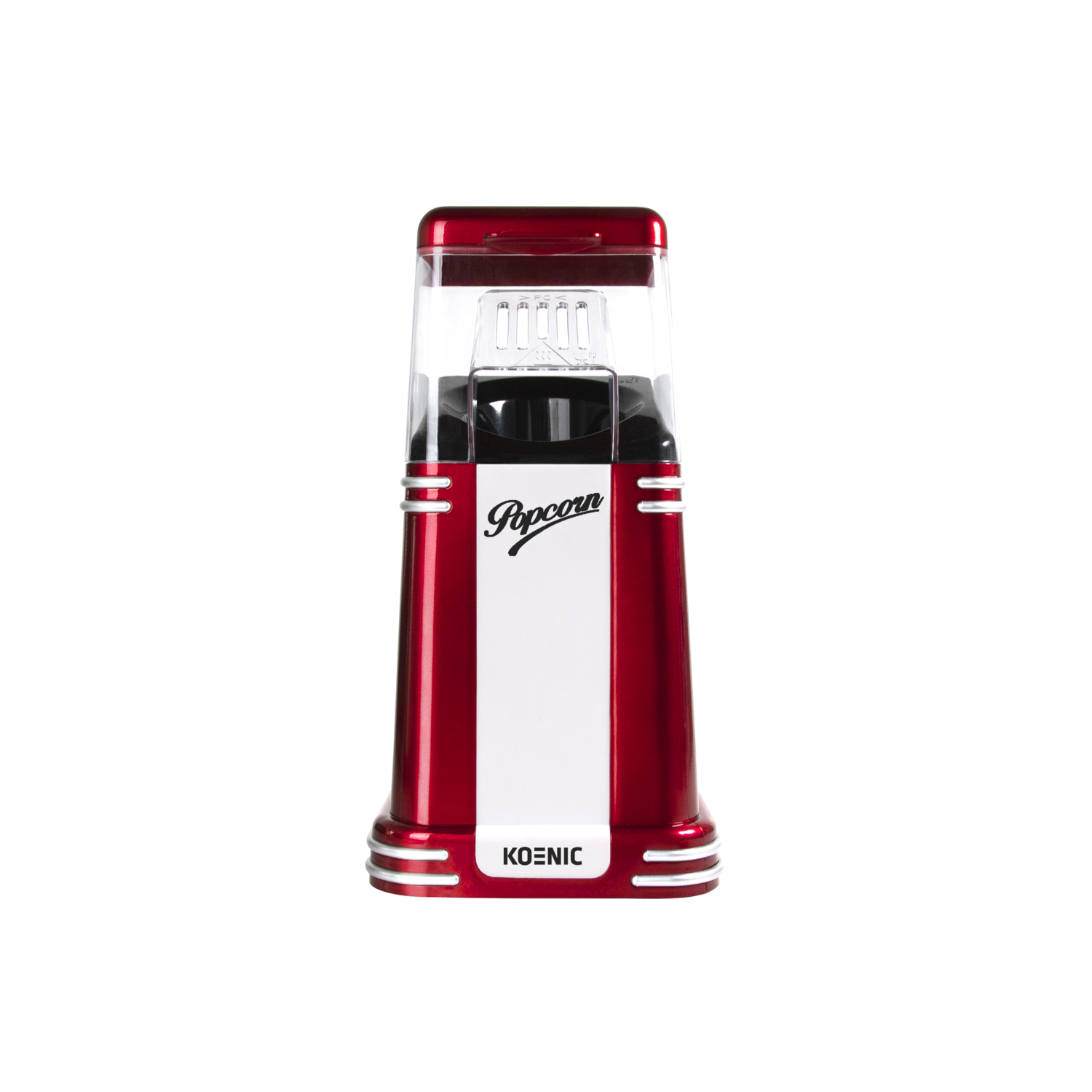 Een rood-witte popcornmachine op een zwarte achtergrond. Het heeft een retro-ontwerp, met het woord 'Popcorn' erop.
