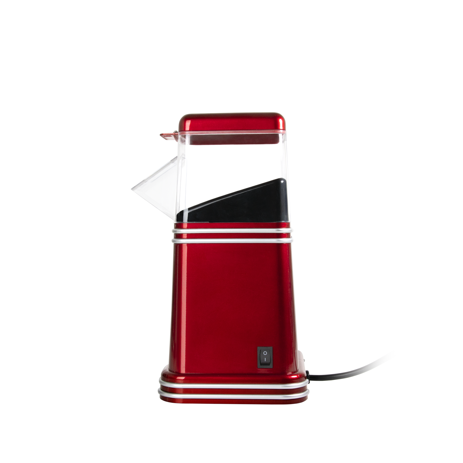 Rode popcornmachine op een zwarte achtergrond. Het heeft witte accenten, een doorzichtige bovenkant en een zwart netsnoer.