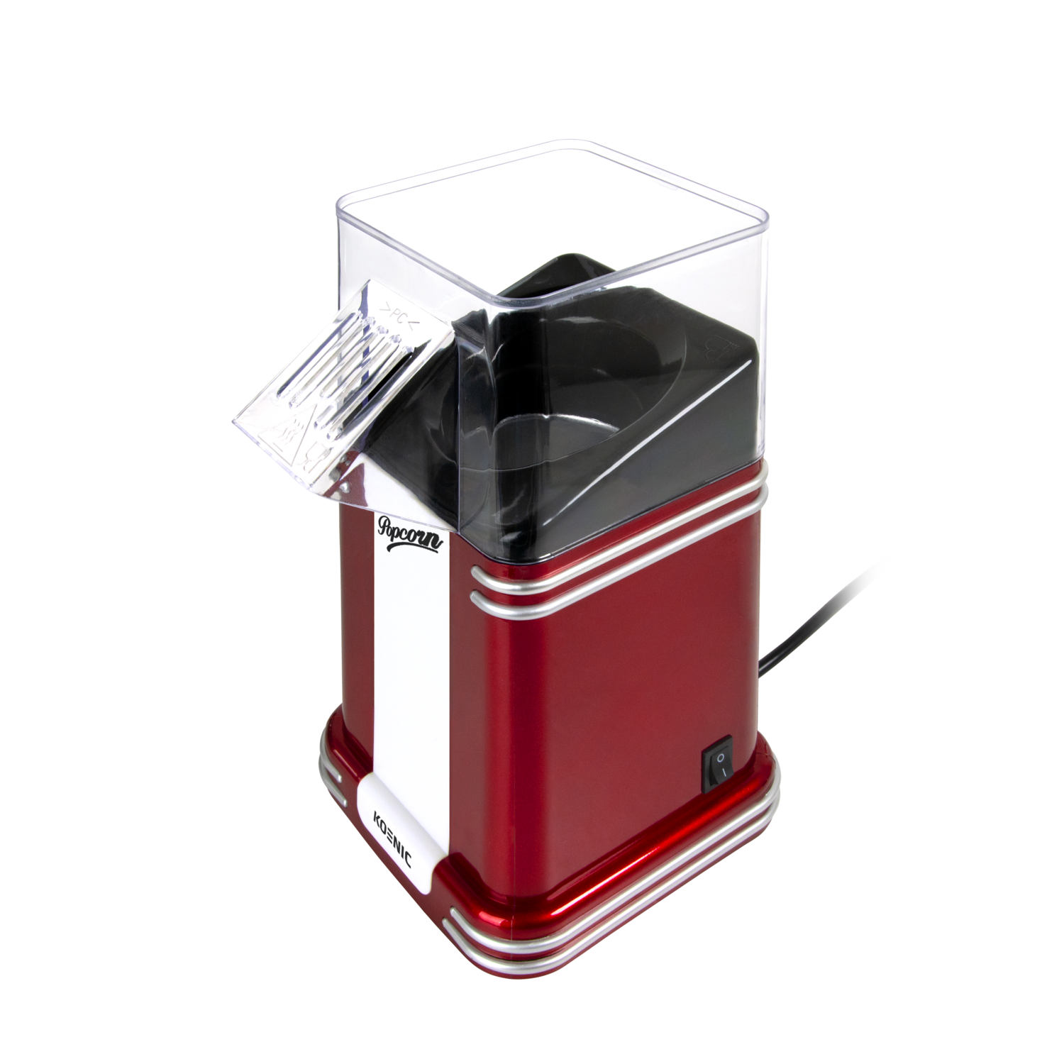 Een rode en zilveren popcornmaker met een doorzichtige bovenkant op een zwarte achtergrond. Het merk is Koenic.