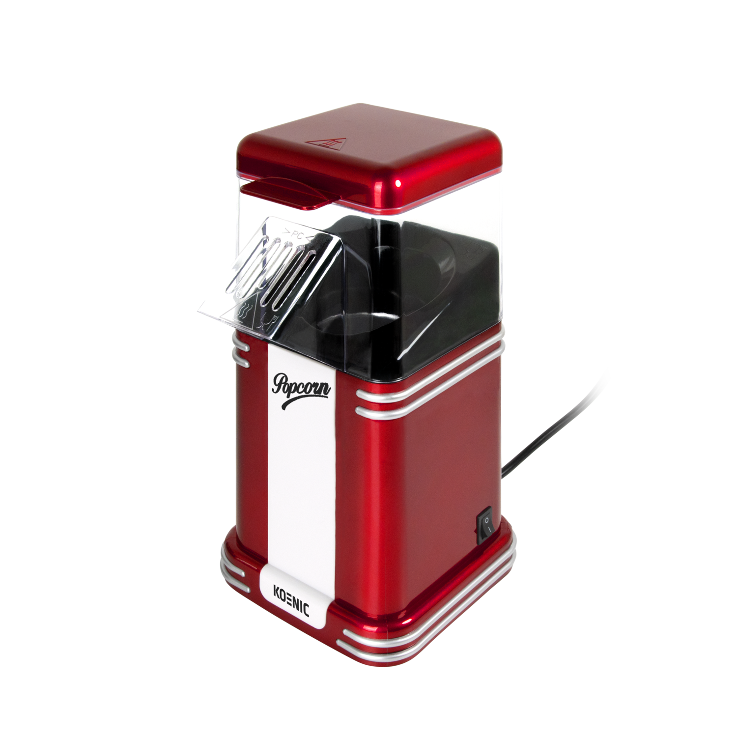 Een rood-witte Koenic popcornmaker met een transparante bovenkant. Hij heeft een aan/uit-schakelaar en een zwart snoer. De achtergrond is zwart.