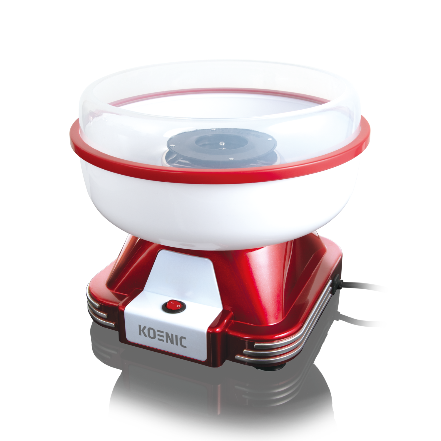 A red and white cotton candy maker. It has a clear plastic cover, a red base, and a power button. The brand is Koenic.