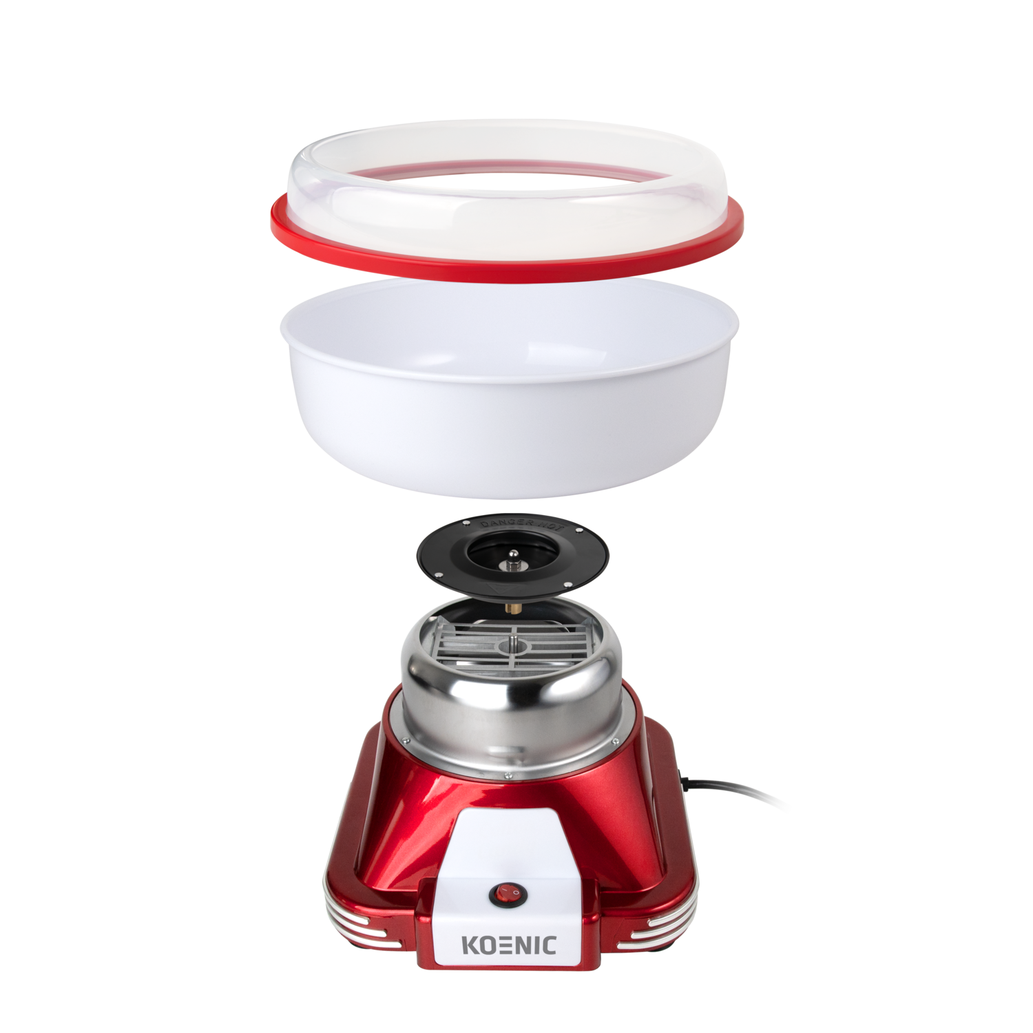 A disassembled red and silver cotton candy maker with white bowl and lid. Components are separated against a black background.