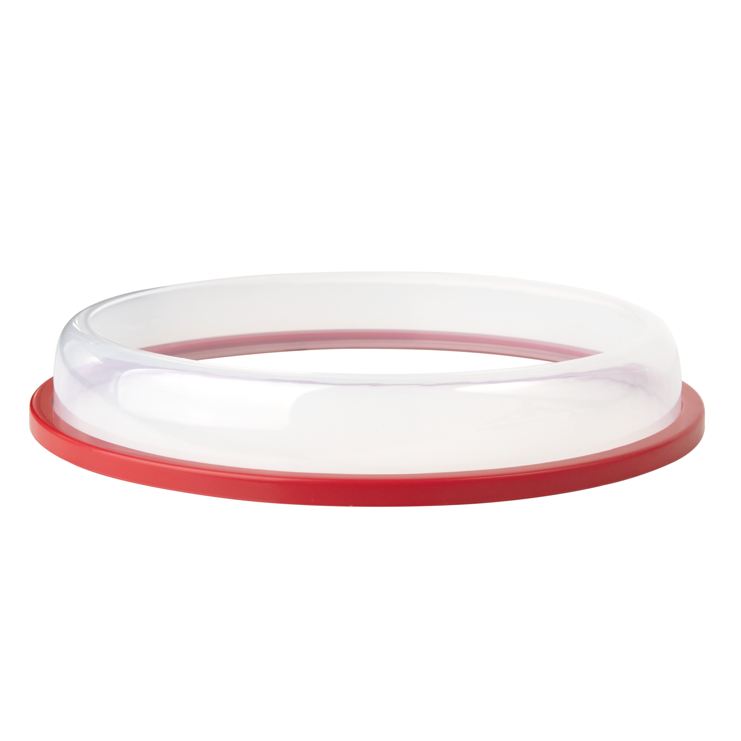 A clear plastic lid sits on a red ring, against a black background. The lid is circular.