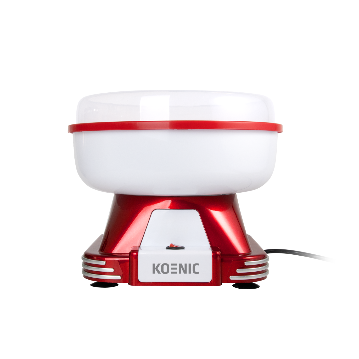 A red and white cotton candy maker on a black background. It has a white top, red accents, and the brand name KOENIC.