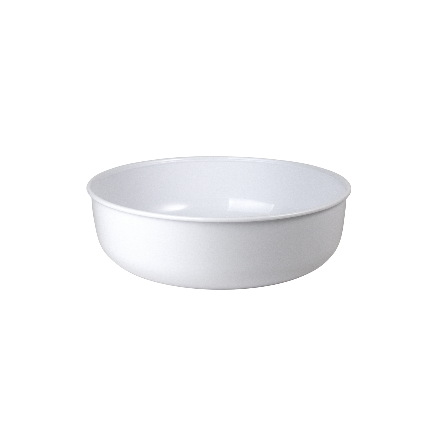 A white, round bowl with a slightly curved rim, set against a black background. The bowl is empty and clean.