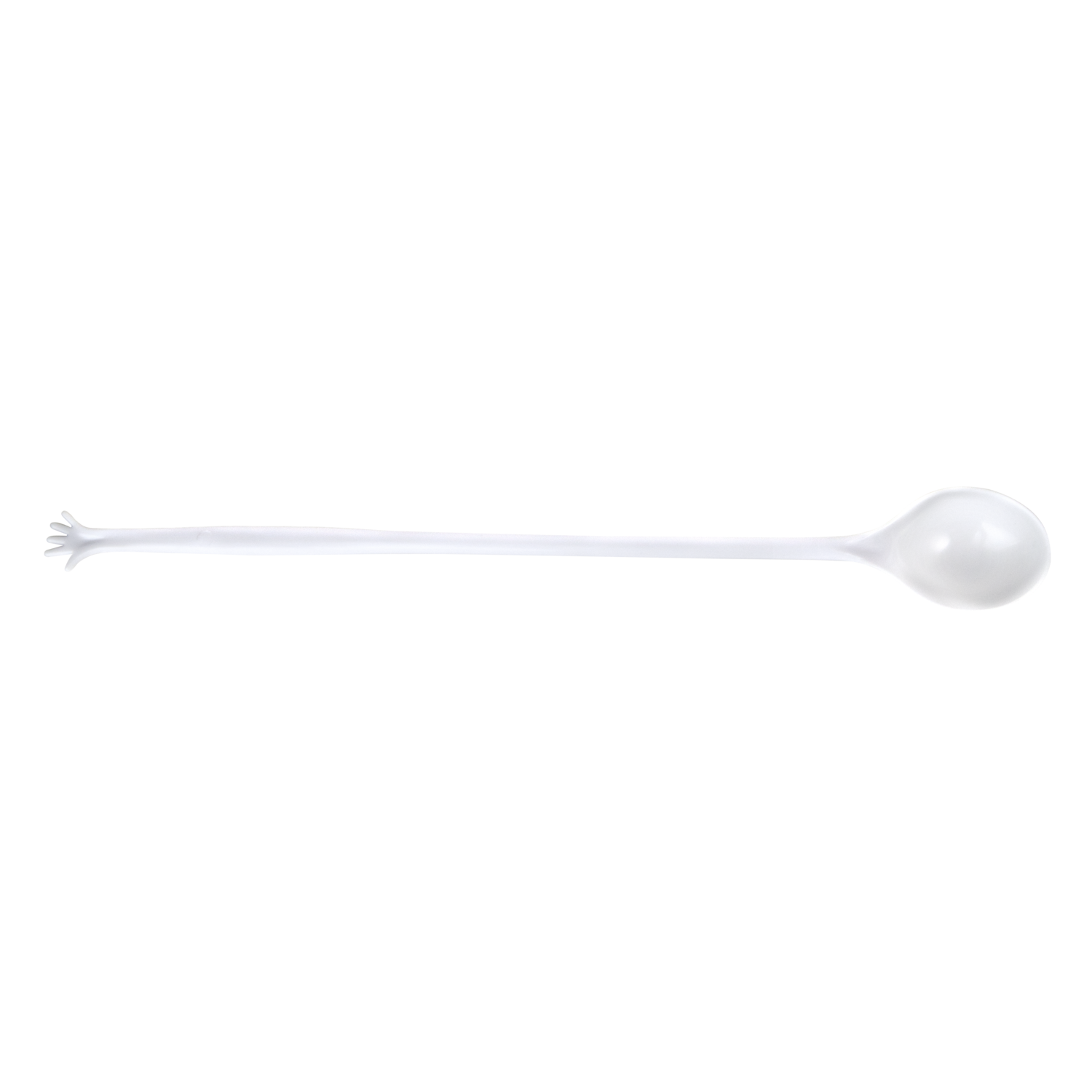 A long, white spoon with a small, claw-like end on a black background. The spoon has a rounded bowl.