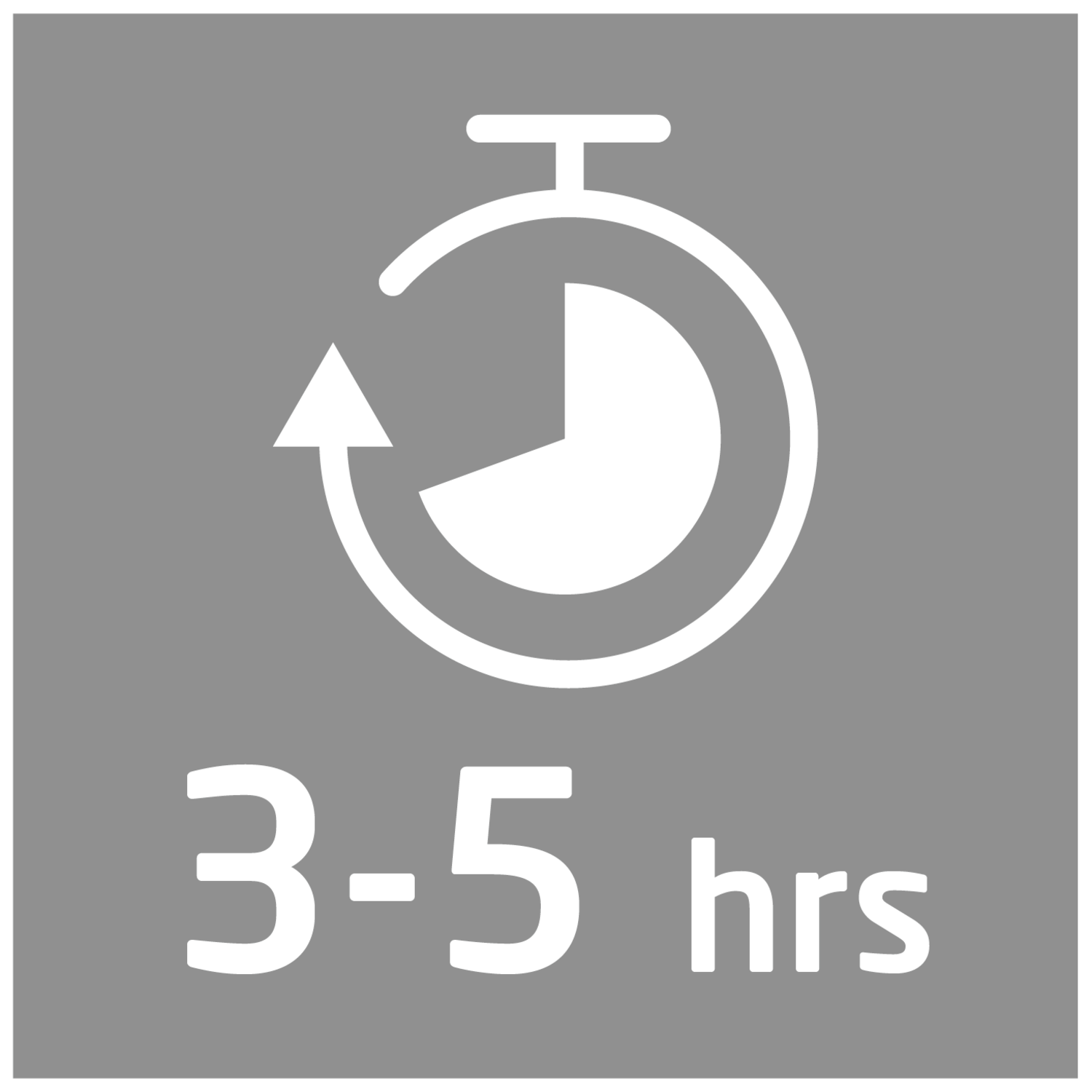 Een grijze vierkant met een wit timer-icoon en tekst '3-5 uur'. Timer toont een gedeelte gevuld. De pijl wijst linksom.