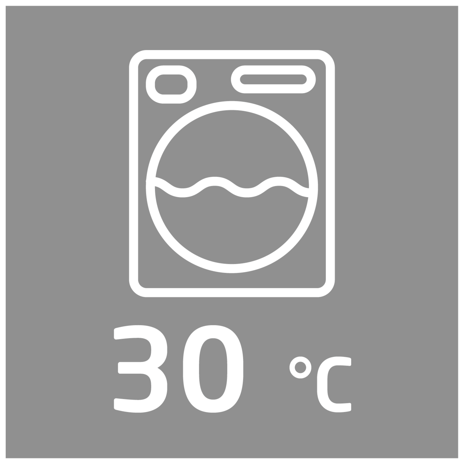 Wasmachinesymbool met een temperatuurindicator van 30 graden Celsius.