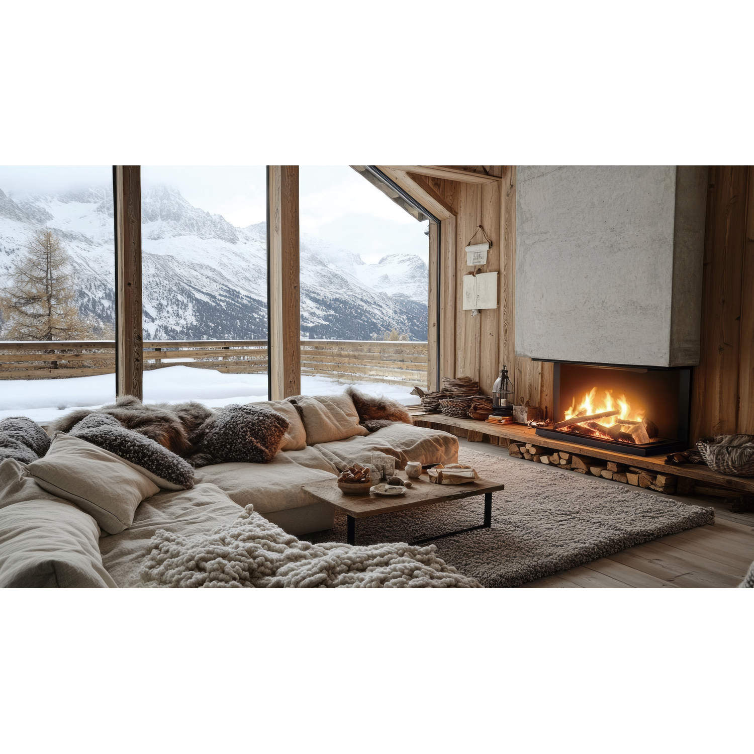 Gezellige woonkamer met open haard, bank en uitzicht op besneeuwde bergen. Er brandt een vuur in de open haard.