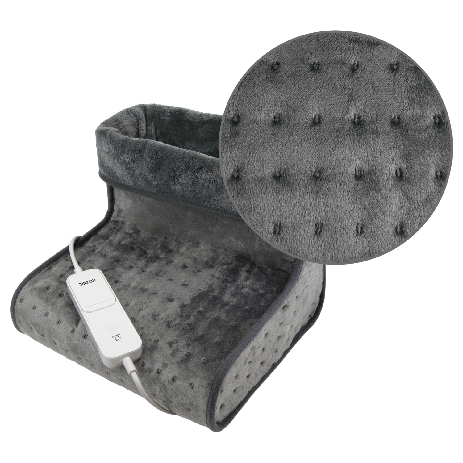 A gray heated foot warmer with a control panel. Detailed view shows texture and stitching. Dark gray border and interior.