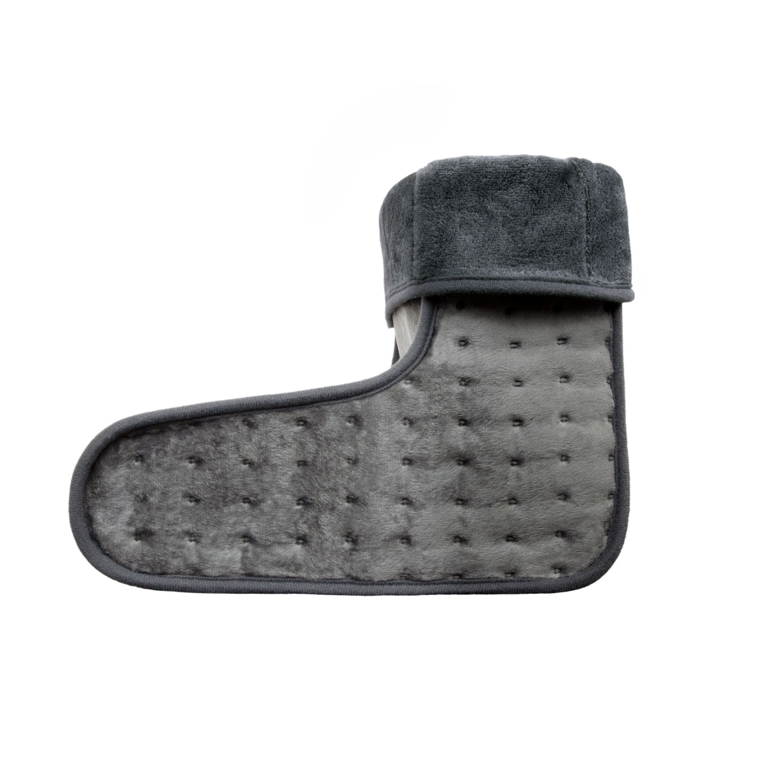 A gray, quilted foot warmer on a black background. It has a plush cuff and a textured surface with small, evenly spaced dots.