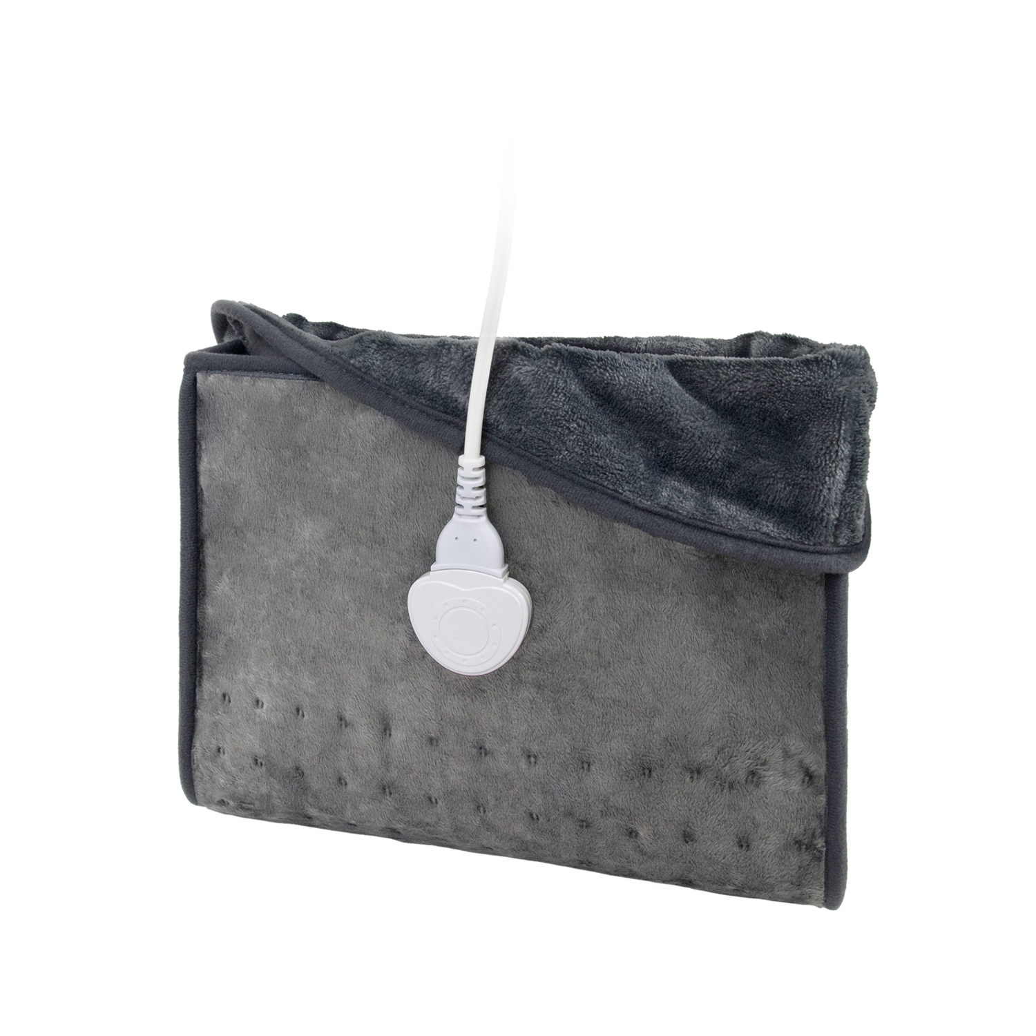 A grey heating pad with a power cord and controller. The pad is folded, with a darker grey edge and a white controller.