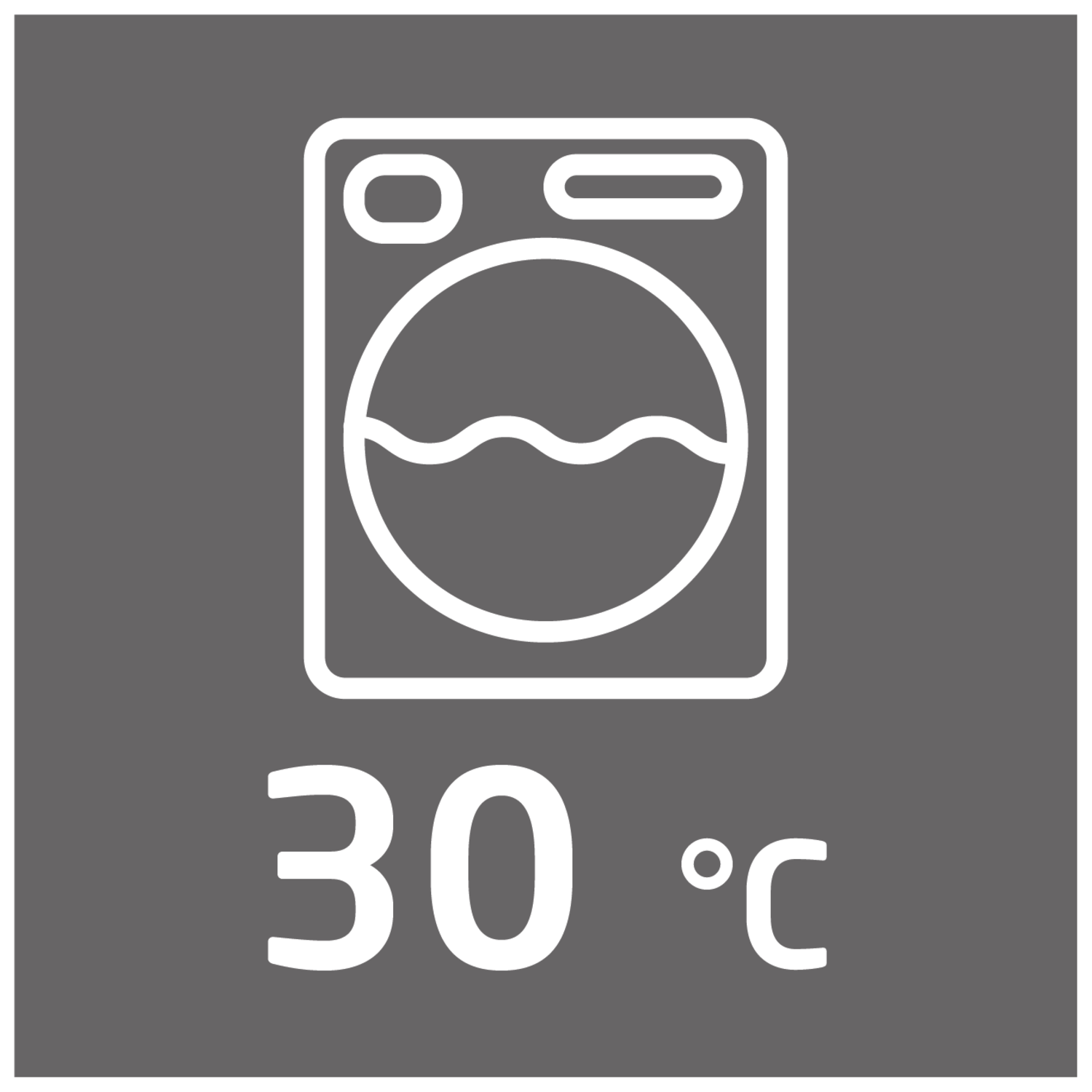 A gray square with a washing machine icon and the number 30 with a degree Celsius symbol, white text on the gray background.