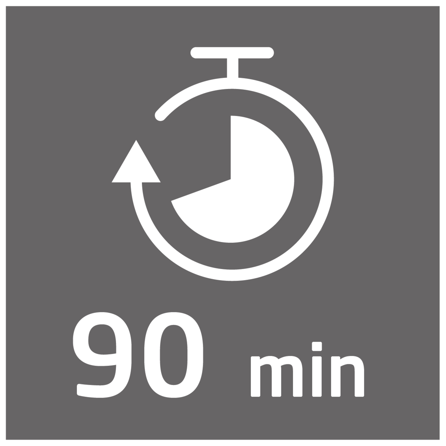 A gray square with a white stopwatch icon and the text '90 min' in white.