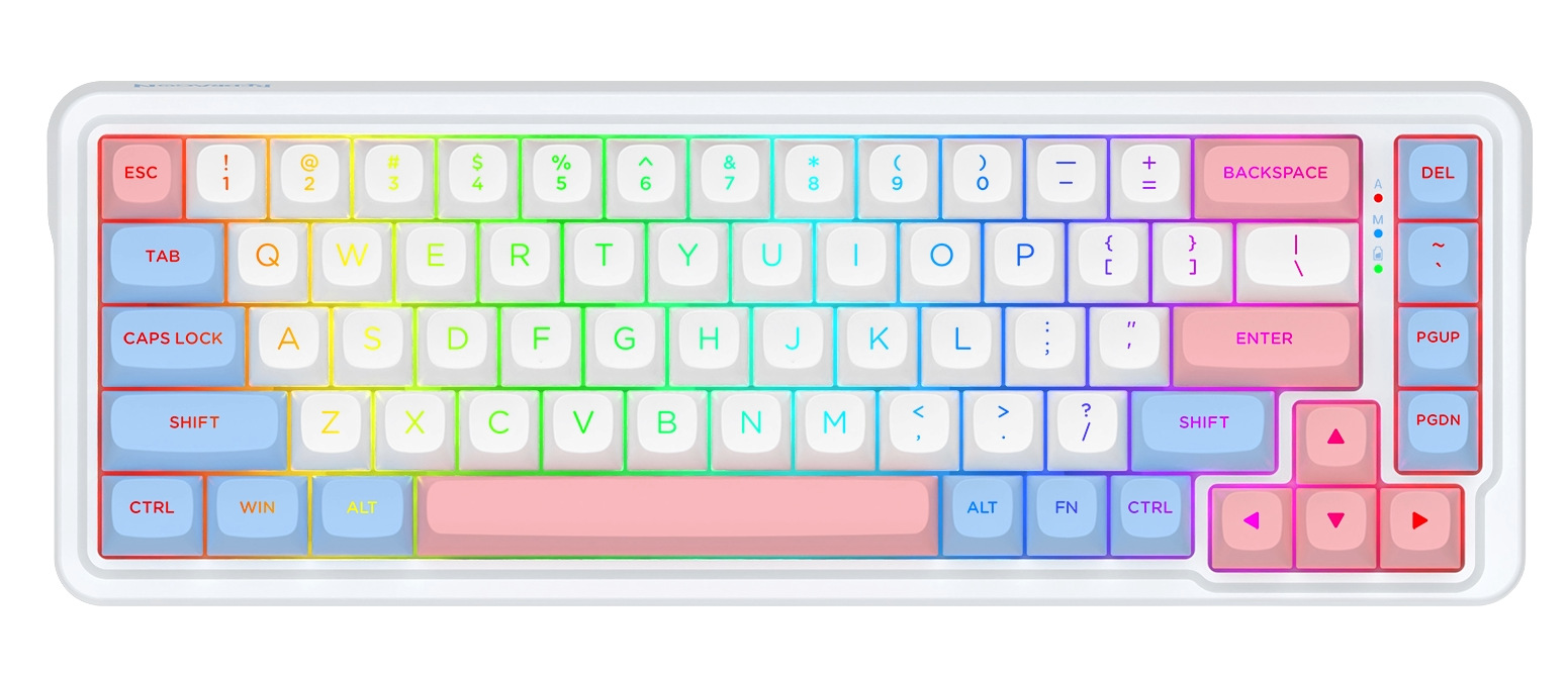 Biała, mechaniczna klawiatura z podświetleniem RGB. Klawisze są białe z kolorowymi oznaczeniami.