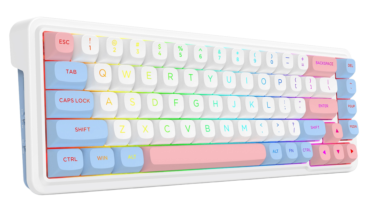 Biała i niebieska klawiatura z kolorowymi klawiszami. Różowe, niebieskie i białe klawisze z literami i symbolami. Tęczowe światła.