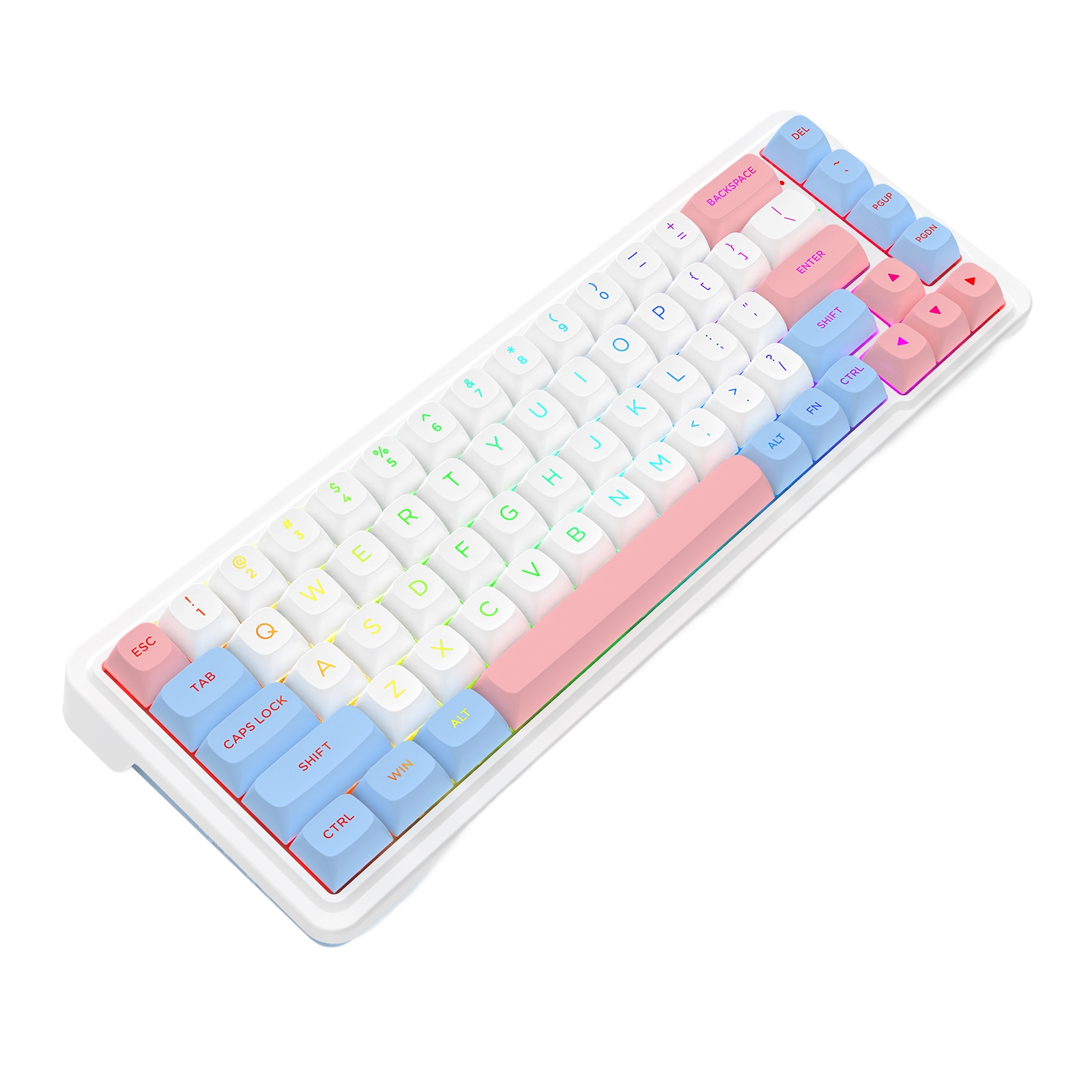 Biała klawiatura mechaniczna z kolorowymi klawiszami. Widoczne różowe, niebieskie i białe klawisze, z literami i symbolami.